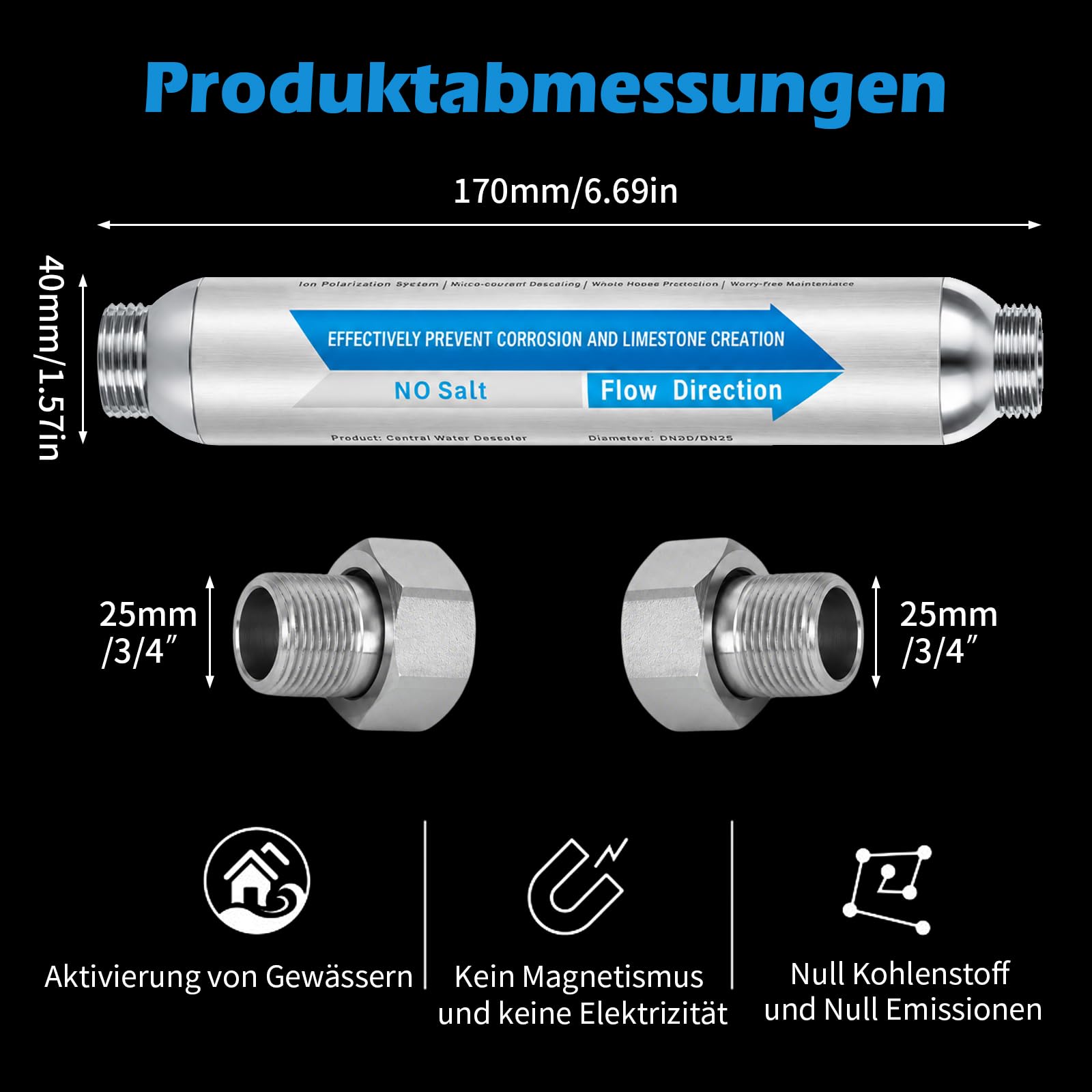 Filtre anti-calcaire pour douche G 3/4 en acier inoxydable réduit, adoucisseur d'eau, système de détartrage magnétique Inline FOF pour éviter les dépôts de calcaire dans toute la maison, détartrant