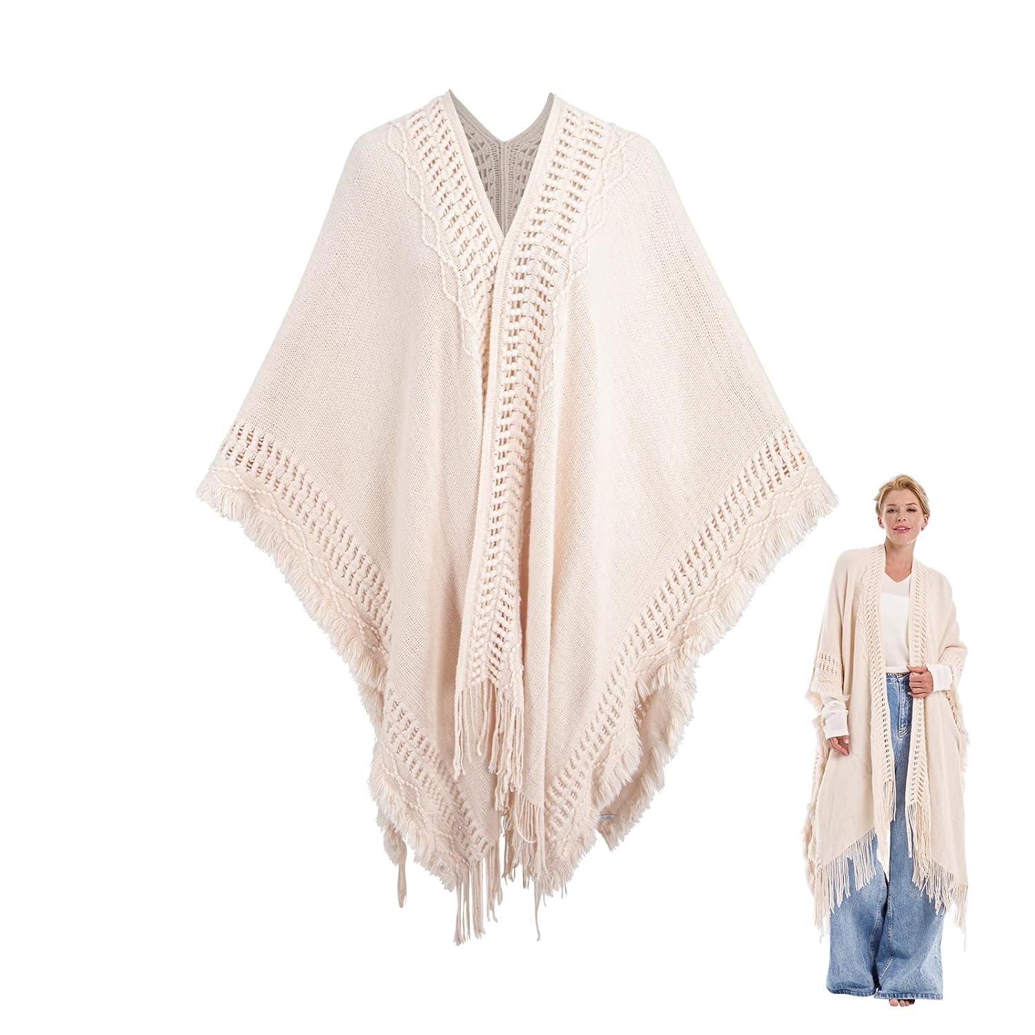 MissShorthair Slouchy Duster Cardigans for Women Long Crochet Sweaters Ponchos Fringe Plus Size Front Cardigan