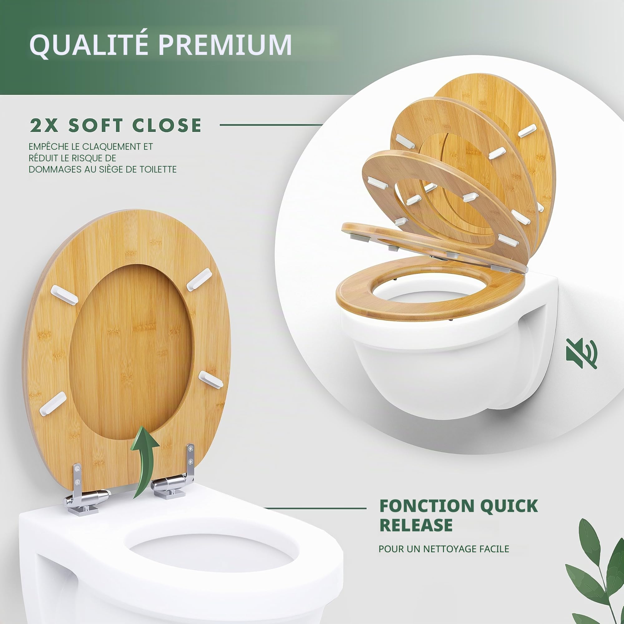 Benkstein® Abattant de WC en bambou avec système d'abaissement automatique - Abattant de WC antibactérien - Quick Release pour un nettoyage facile - Montage facile - Robuste et durable - Couvercle de