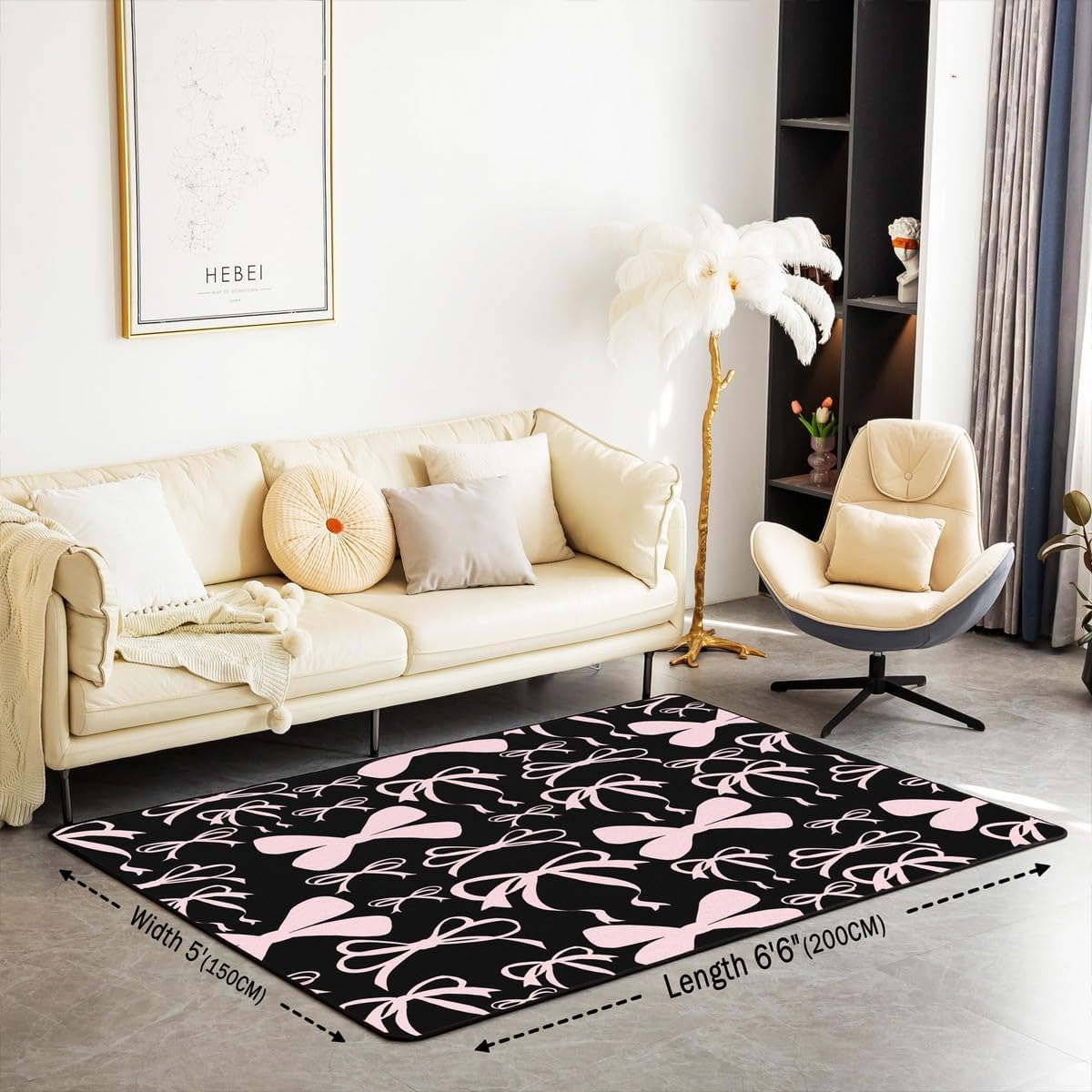 Feelyou Bow Indoor Floor Mat Boys Girls Area Rug 3x5 Black Pink Girls Bow Living Room Rugs For Kids Women Men Non-slip Cute Bowknot Accent Rug Kawaii Bow Decorative Rug Lovely Decor Doormats Floor Mat