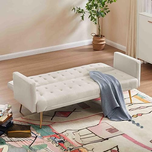 Miniatura 7 de RIDFY Sofá cama futón moderno de terciopelo de 70 pulgadas, sofá cama convertible con patas y reposabrazos de metal, sofá biplaza tapizado plegable,