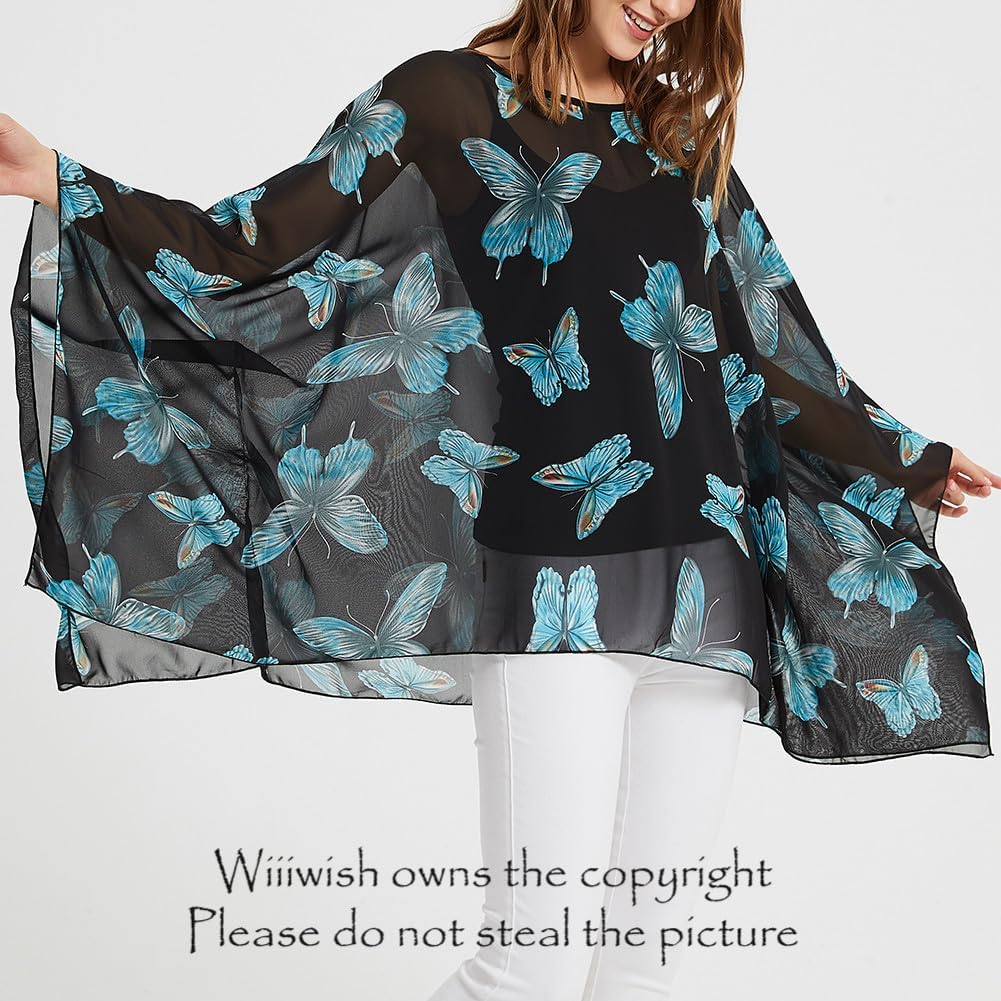 Wiiiwish Women's Loose Solid Long Batwing Sheer Chiffon Caftan Wrap Poncho Tunic Top Topper - Image 3