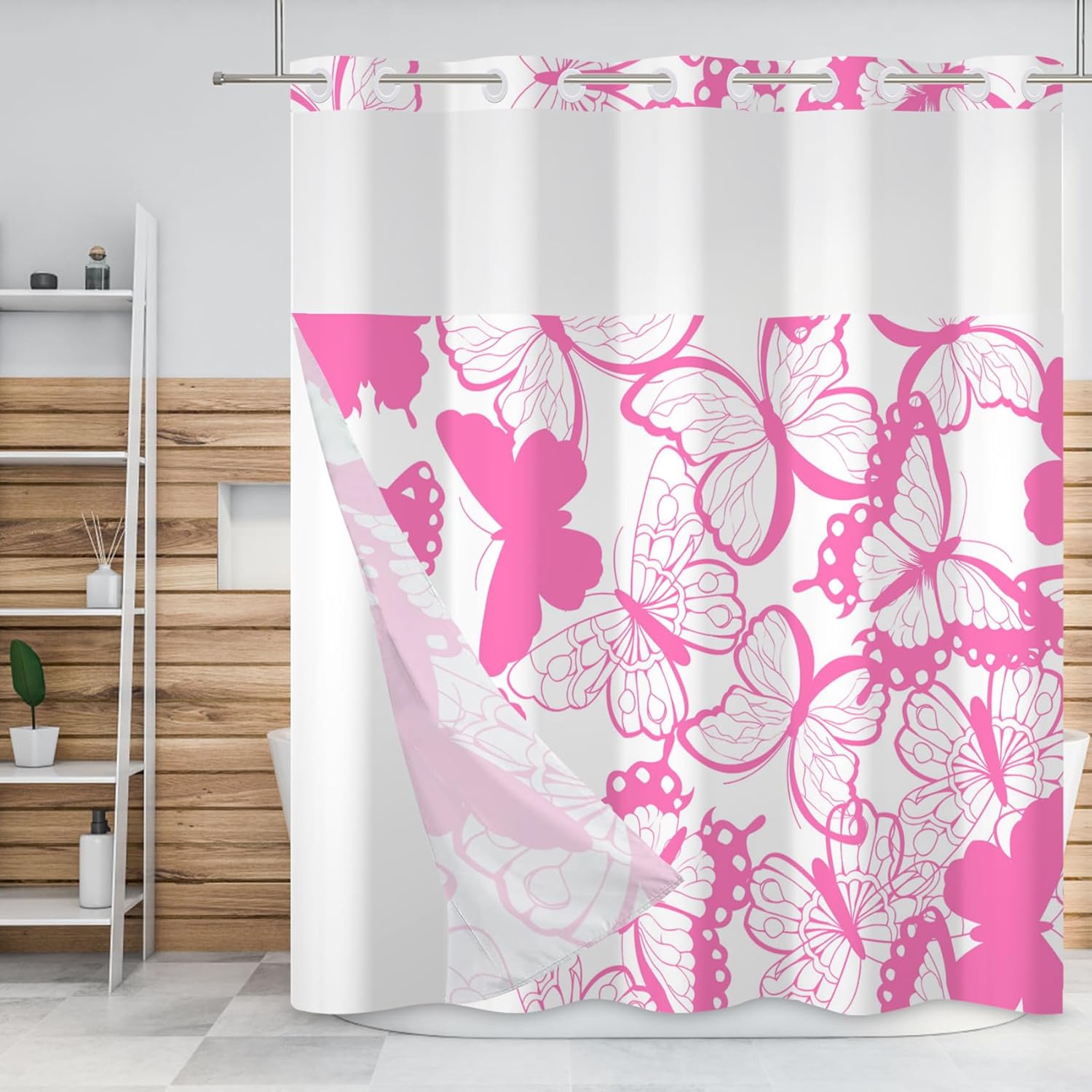 Baocicco No Hook Pink and White Butterfly Shower Curtain with Snap in Fabric Liner Set Aesthetic Women Girls Hotel Style Waterproof Fabric Double Layers with See Through Mesh Top Window 71x74 Inch