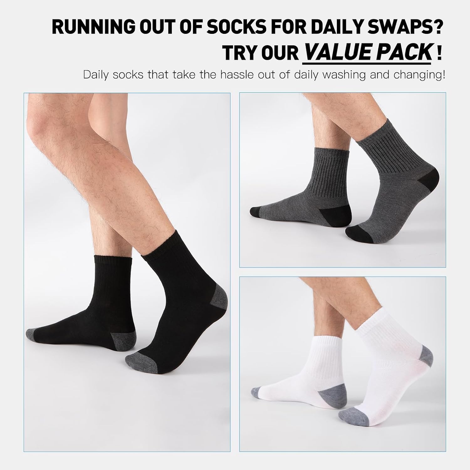 20 Pairs Mens Crew Socks - Breathable Thin Quarter Socks for Men Size 8-12/12-16, Casual Bulk Value Pack