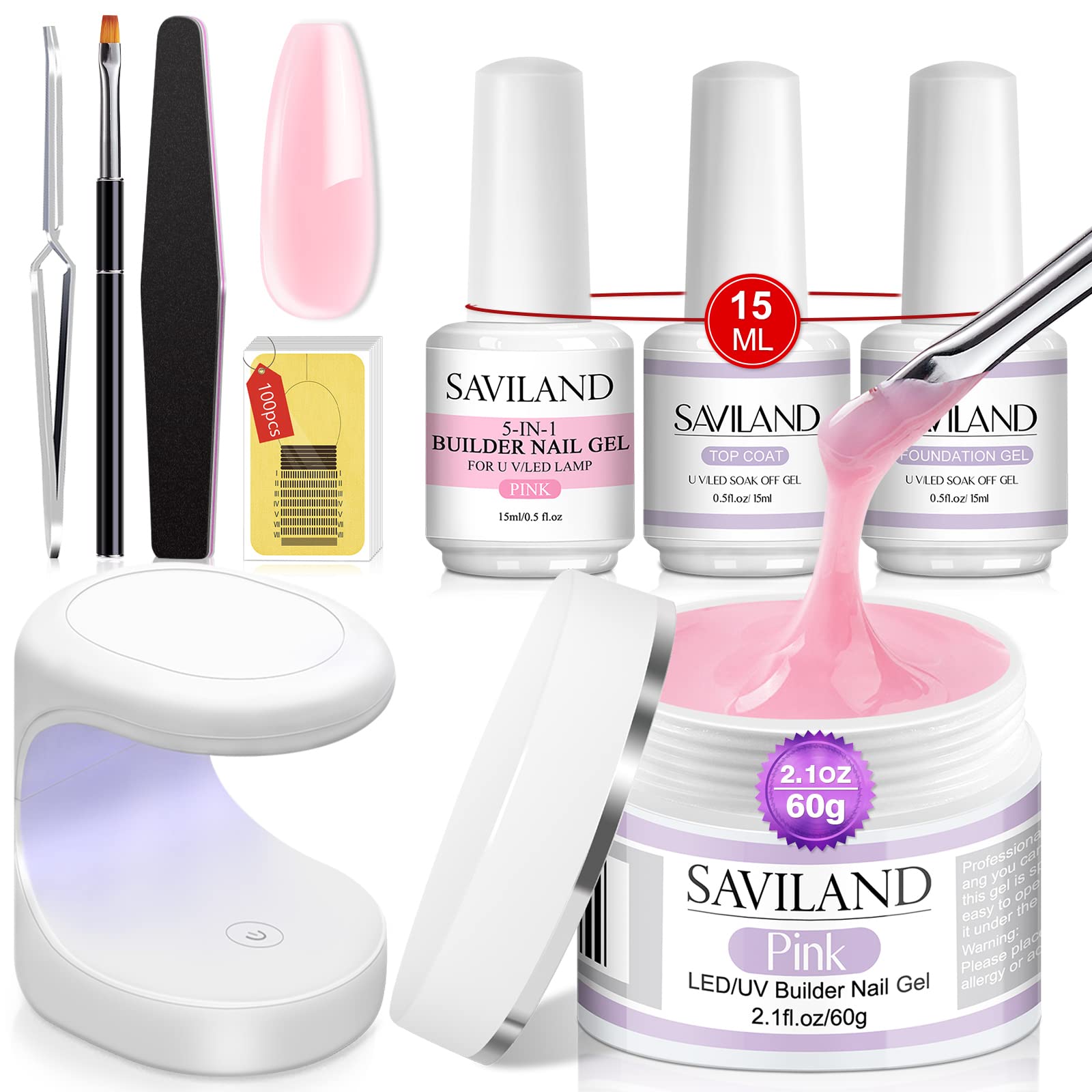 Saviland All-In-1 Aufbaugel für Gelnägel Set – 60g Rosa builder nail gel & 15ml 5-in-1 Rosa Builder Base Stärkendes Gel Nail Art Gel für Nagelverlängerung, Nagel gel U V, Nagelreparatur Nagelset