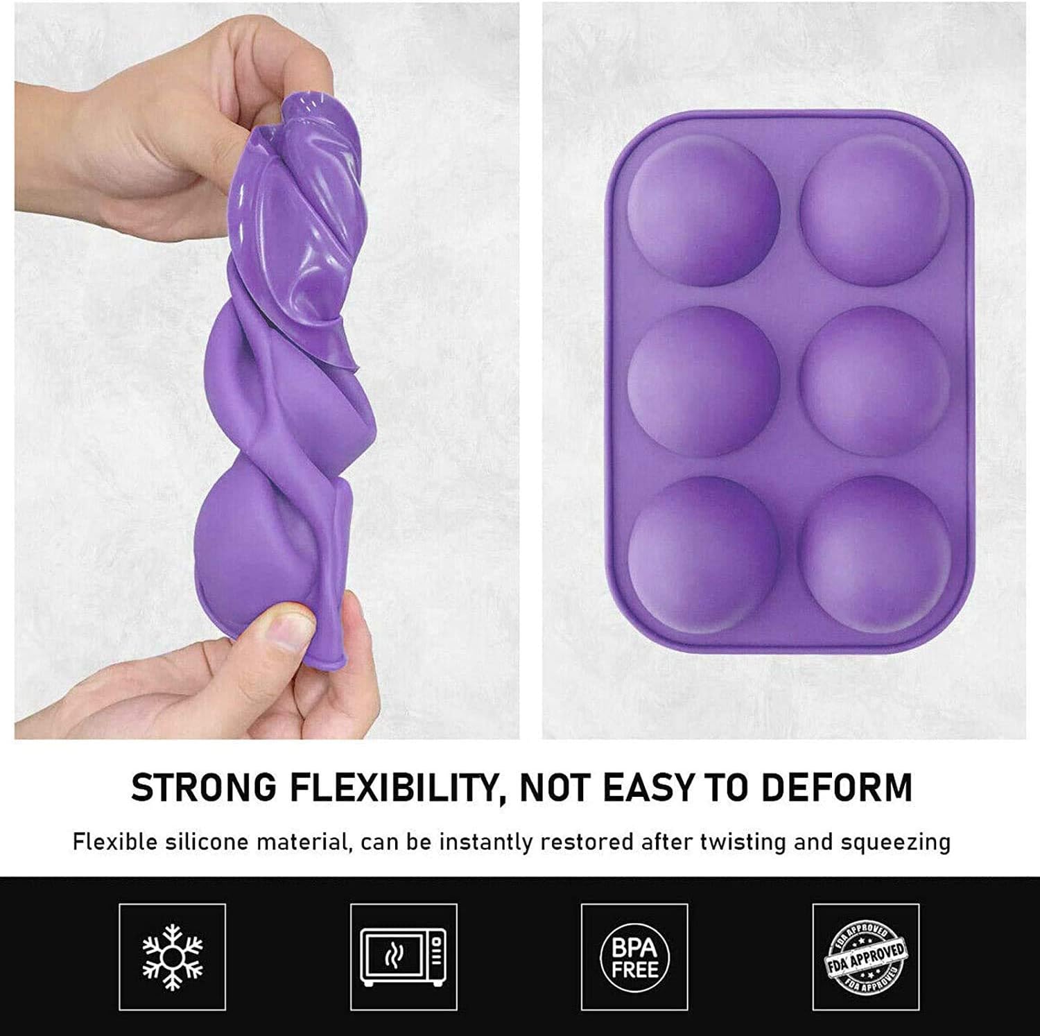 6 Holes Semi Sphere Silicone Mold, Baking for Making Hot Chocolate Bomb, Dome Mousse，Cake, Jelly (2pcs Purple)