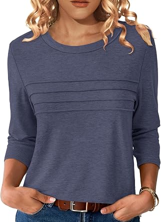 NORACORA Womens 3/4 Length Sleeve Tops Lightweight Crew Neck Dressy Pleated Tunic T Shirts Casual Summer Blouses 2025