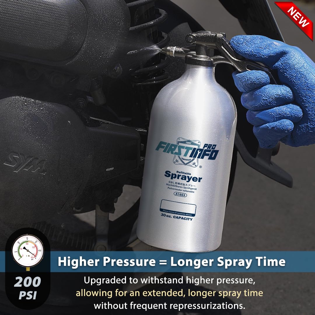 FIRSTINFO Pulverizador Recargable para Limpiador de Frenos 900 ml, Botella de Aluminio Sin Aerosol para Disolventes y Desengrasantes, Pulverizador Presurizado con Boquilla Niebla y Chorro Largo, A1663