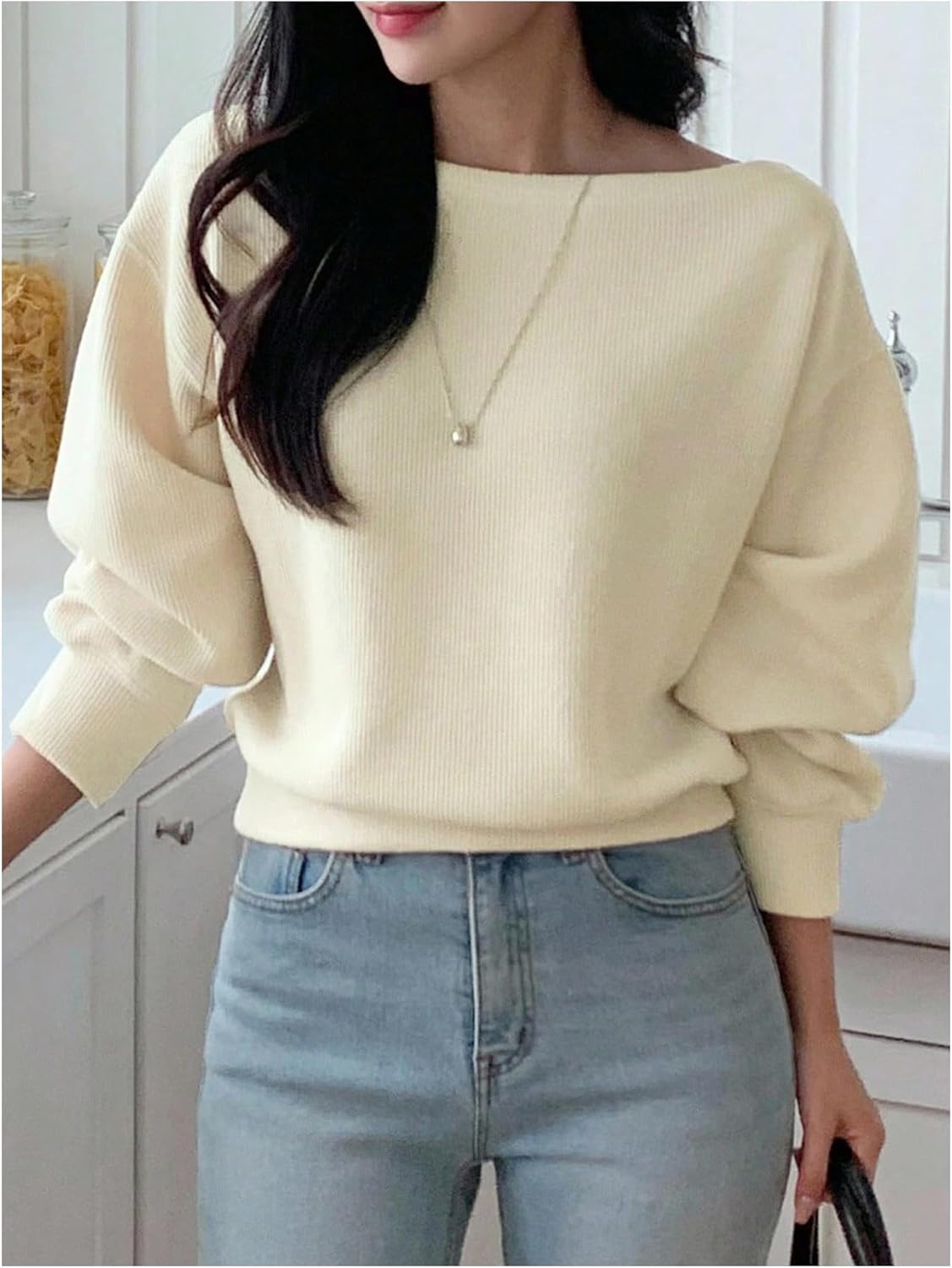 Floerns Women's Casual Off The Shoulder Tops Fall Clothes Ribbed Long Sleeve T Shirts - Image 5