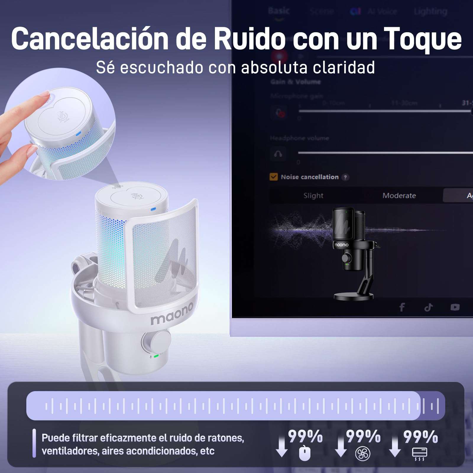 MAONO Microfono Inalambrico para PC, Microfono PC con Software de Cambiador de Voz con IA, Cancelación de Ruido, EQ Personalizado, Luces RGB Ajustables para Juegos, Podcasting, Streaming, DM40 Blanco