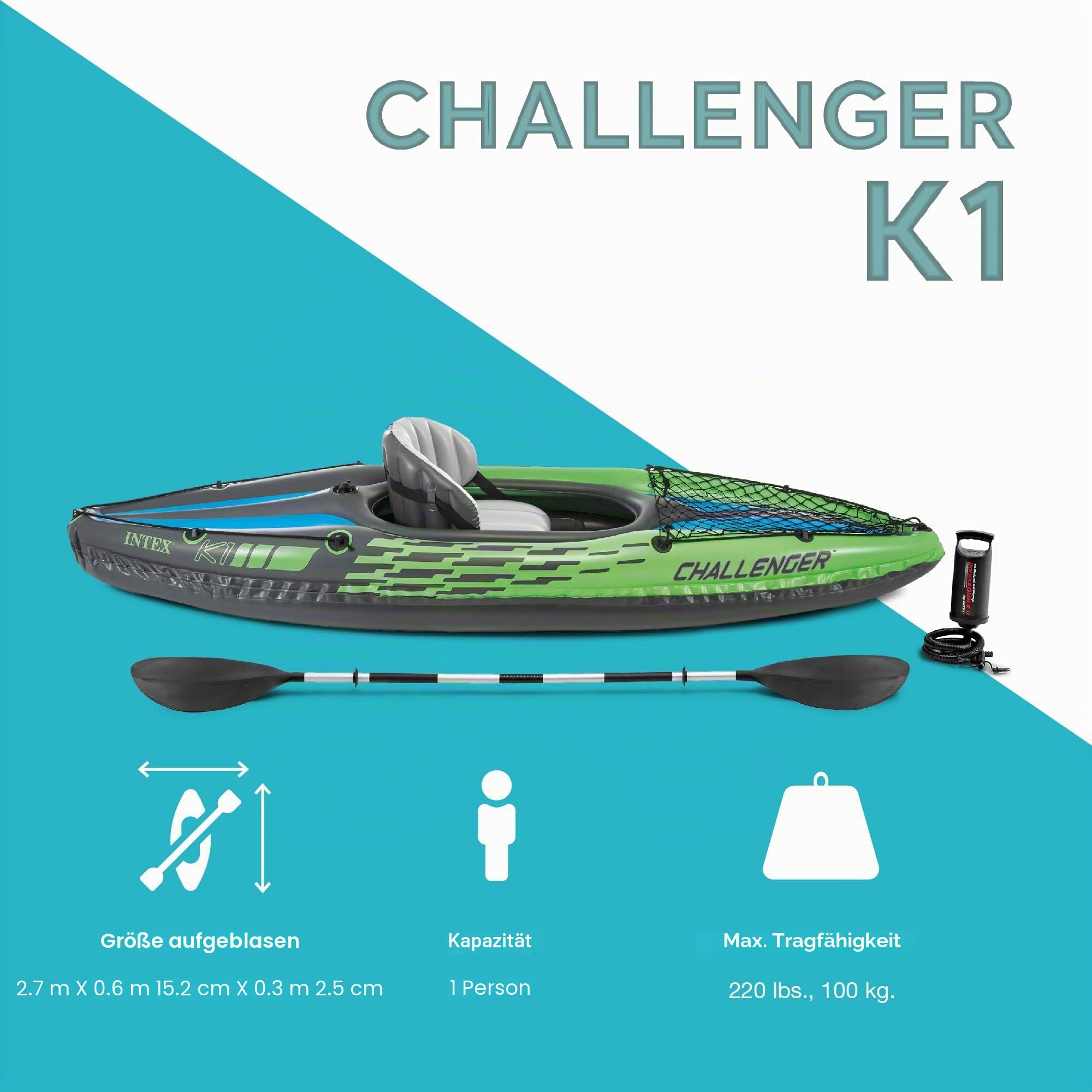 Intex Unisex Boot Challenger K1 Phthalates Free Inkl. 84 Paddel und Luftpumpe Schlauchboot/aufblasbares Kajak, grün/blau, 274 X 76 X 33 cm 68306EP
