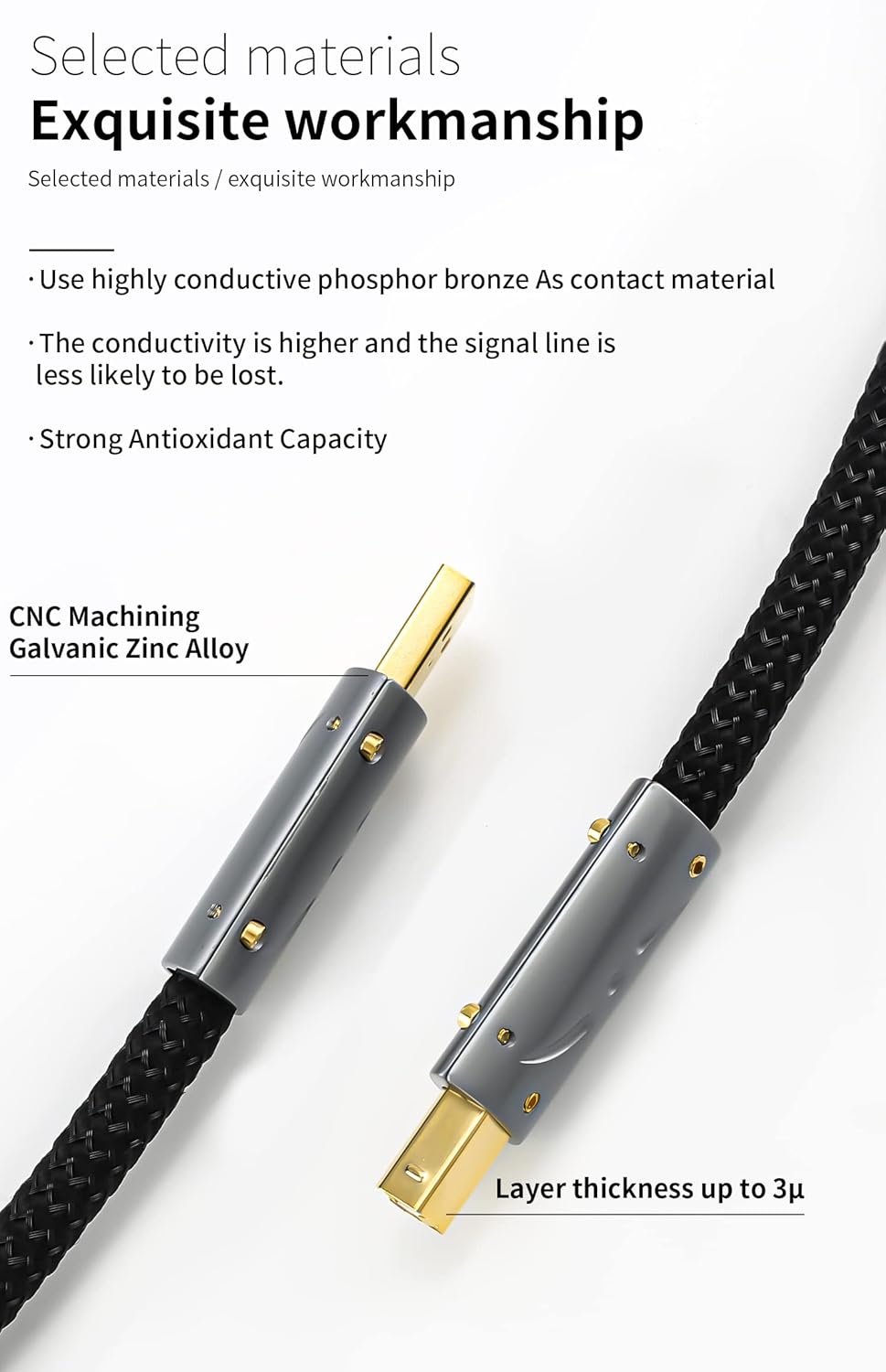 Viborg UC01 HiFi USB Cable Silver Plated Copper USB Cord 3.3FT/1M Type A to B Audiophile USB Wire A-B DAC Decoder Printer Data Cable