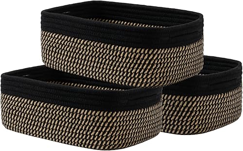 Miniatura 16 de Cesta tejida pequeña, 12 x 8 x 4.5 pulgadas, cesta de almacenamiento para organizar, bonita canasta de cuerda pequeña para estante de armario, cubos