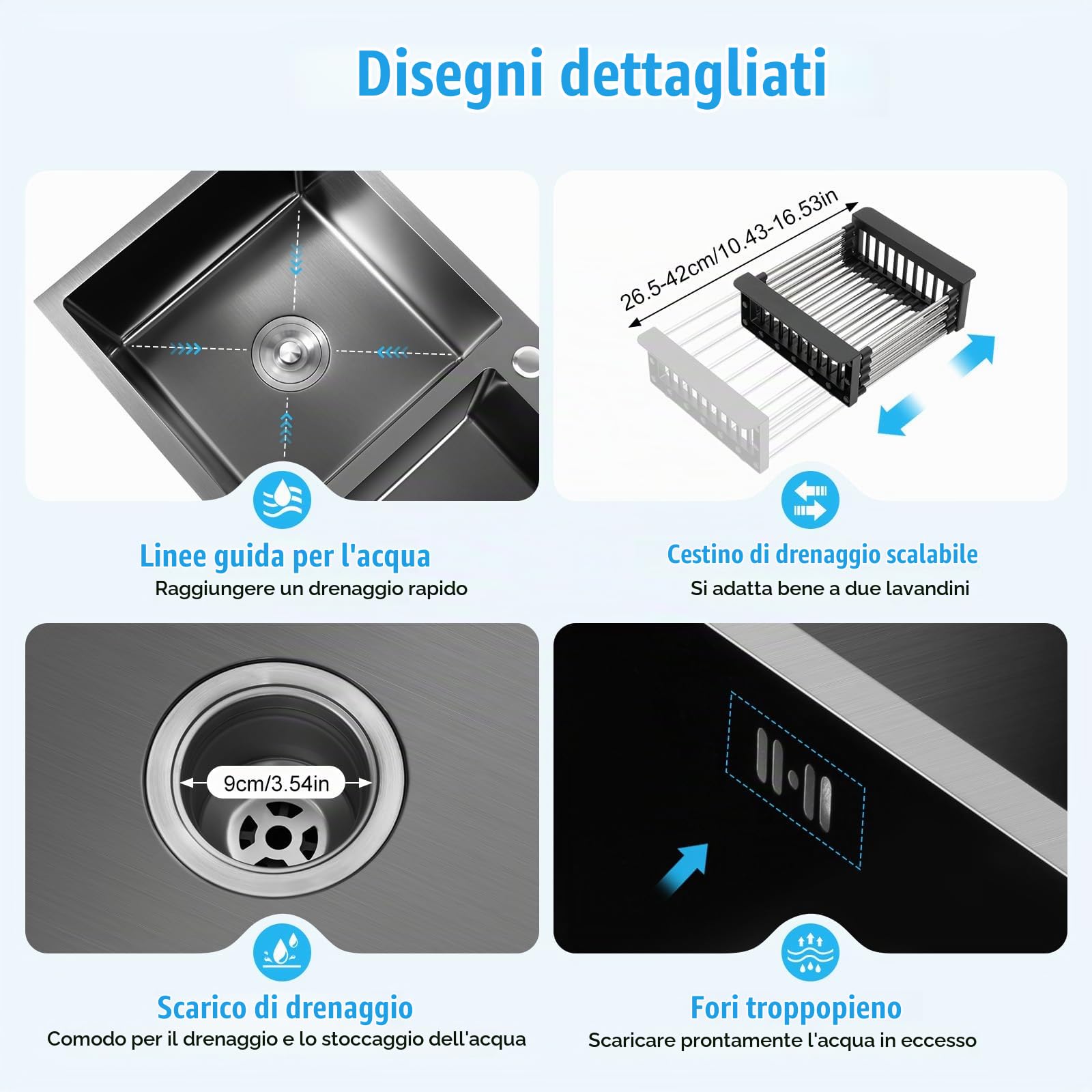 Lavello da cucina doppio in acciaio inox, 2 vasche da incasso, con scolapiatti e dispenser di sapone, colore: nero, 78 x 43 x 22 cm