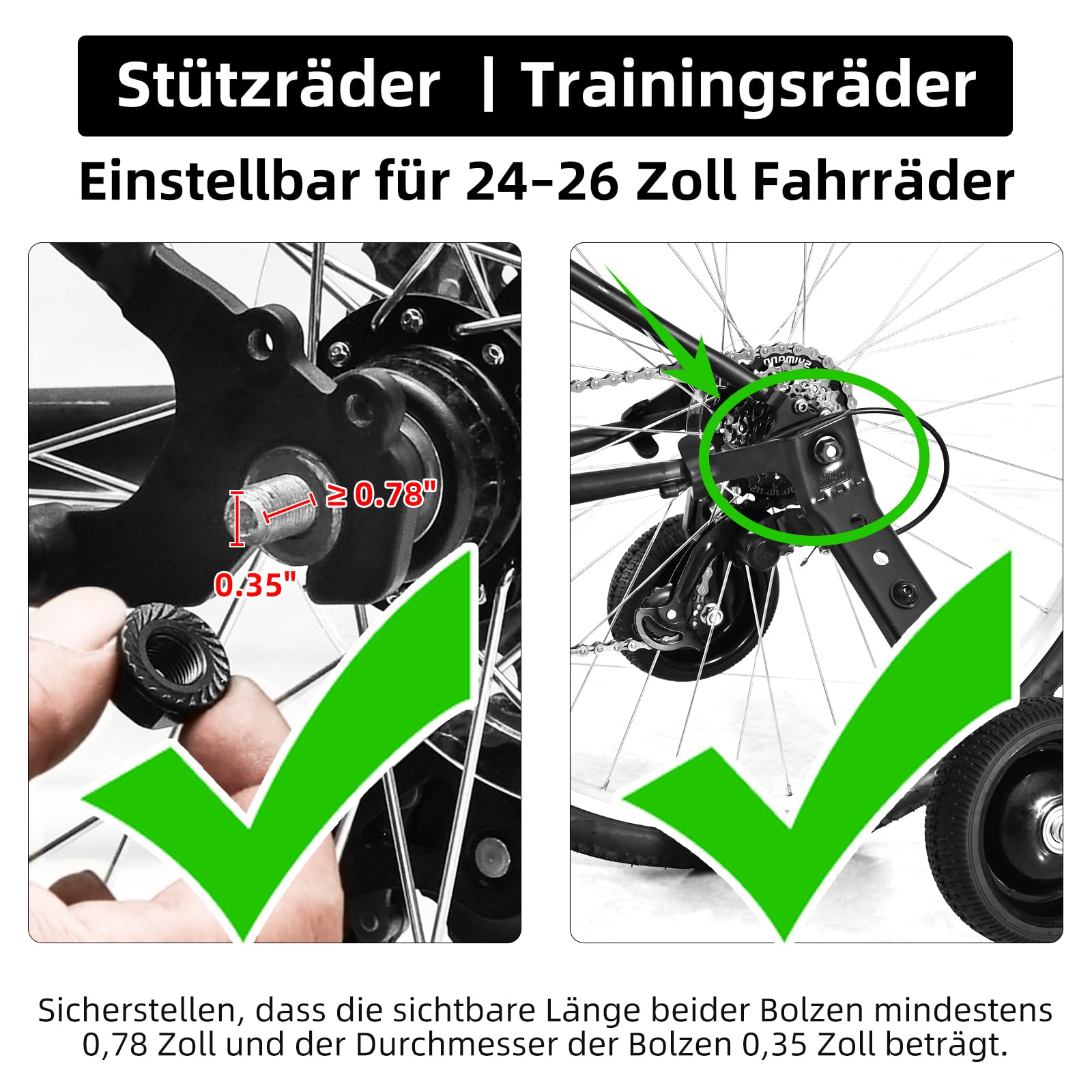 Fahrrad-Stützräder für Erwachsene - Passend für 24-26 Zoll Fahrräder - Stabile Stahlkonstruktion - Sicher und Stabil für Anfänger - Komplettes Montageset, 1 Paar, Schwarz