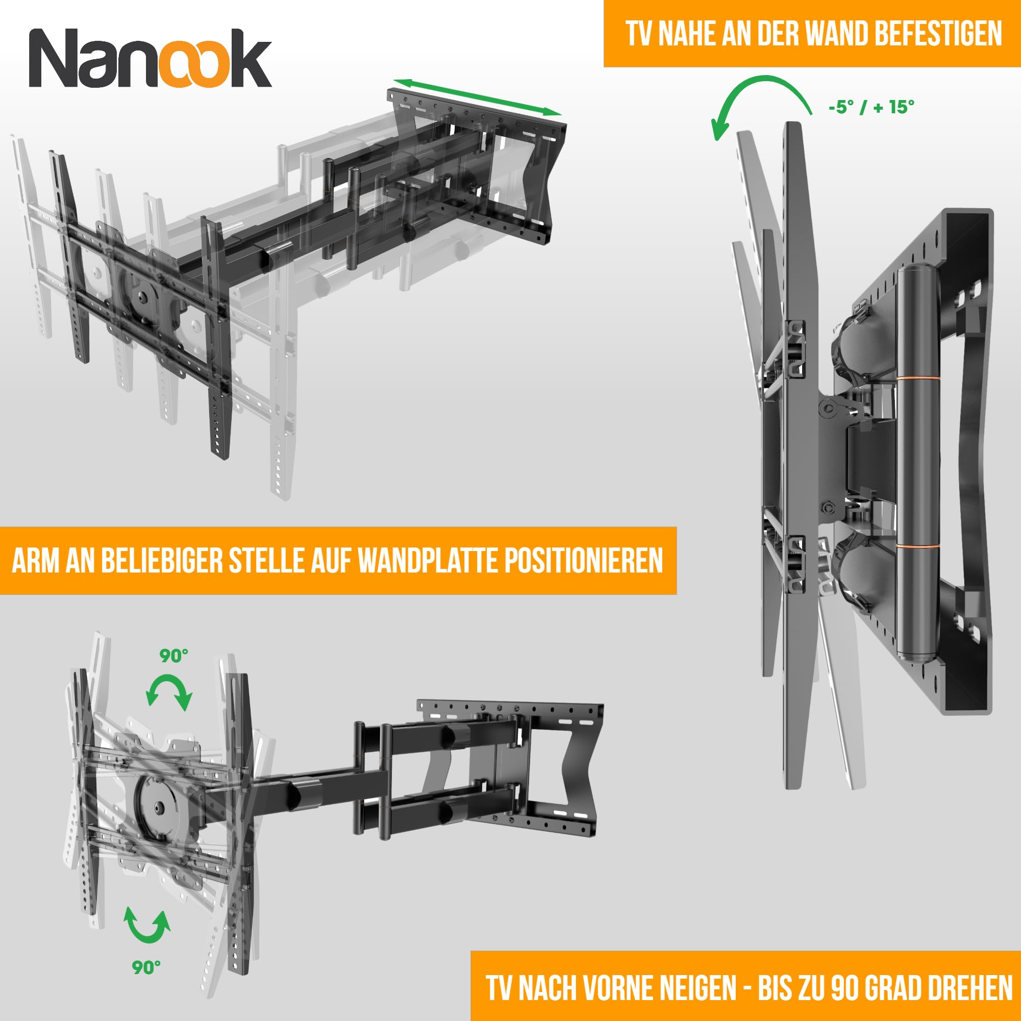 Nanook Long 4100 Langarm TV-Wandhalterung 42-85 Zoll, 100 cm Auszug, 80 kg | Unsere Allerstärkste Halterung, Extra-Lange Arme Für Maximalen Schwenkbereich (180°) Und Große Reichweite, Max. VESA 600x400