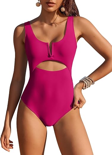 AI'MAGE Women One Piece Swimsuit Tummy Control Neck High Waist V Neck Swimwear Monokini