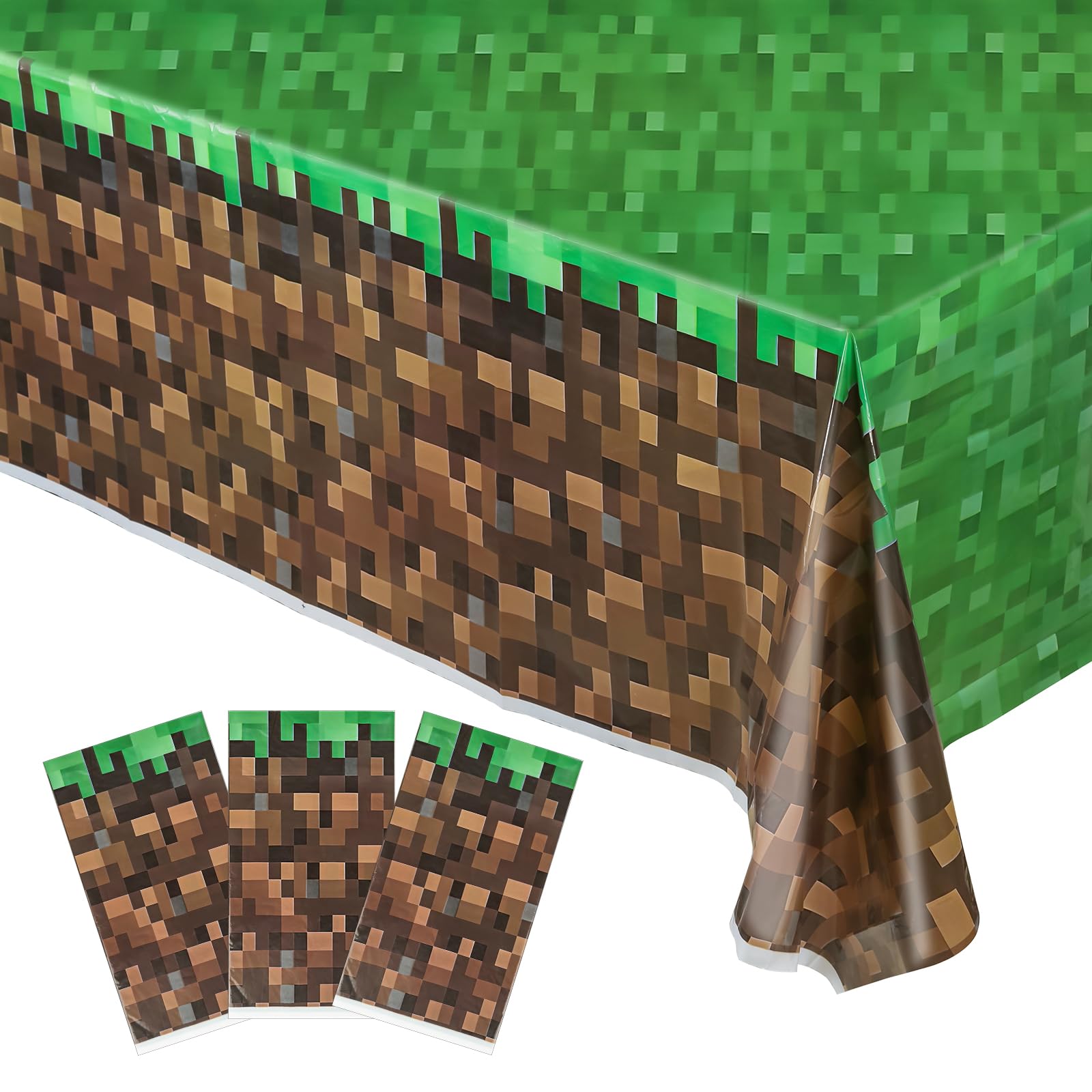 JamboRella 3PCS Pixel Gaming Tablecloth Set, 51 x 87 inches, Green and Brown Table Cover for Video Game Themed Birthday Party Decoration Supplies