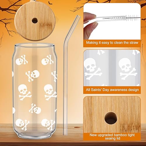 Miniatura 2 de Umigy Juego de 4 tazas de vidrio de Halloween con tapas, popotes, cepillos para decoraciones de Halloween, vasos para beber, divertida bruja