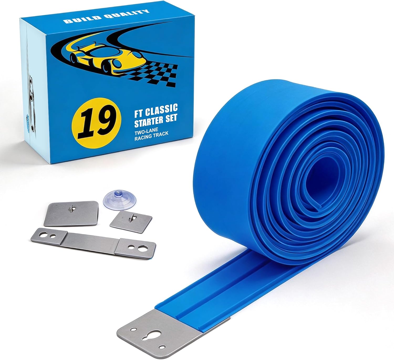 Flexible Race Car Track for Kids Toy, 19Ft Portable Two‑Lane Racing Starter Set, Wall Mount Suction Cups Magnets Hooks, Compatible for Vehicles up to 1/64th Scale-Blue