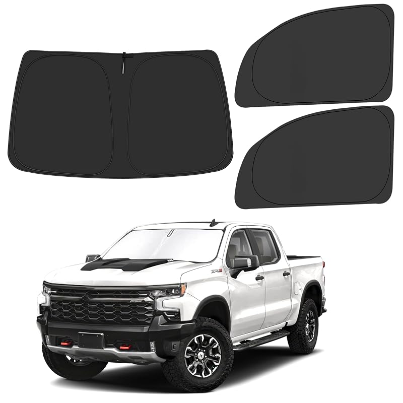 Protetor solar dobrável para para-brisa e janelas laterais ULROLIT compatível com Chevy Silverado 1500 2019–2025, prata e preto, kit com 3 peças