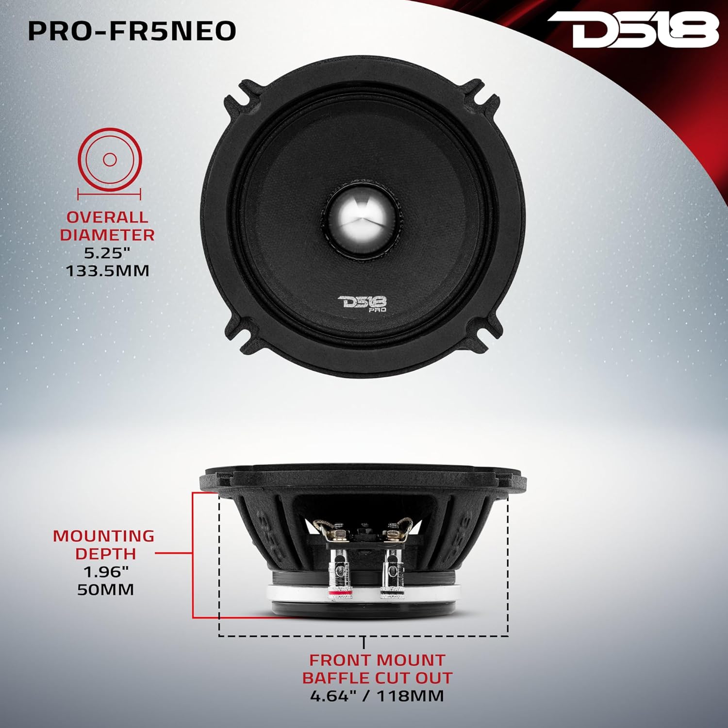 DS18 PRO-FR5NEO Loudspeaker- 5.25", Full-Range, Silver Aluminum Bullet, 400W Max, 200W RMS, 4 Ohms, Neodymium Magnet - The Most Elegant Neodymium Full Range Loudspeakers Available