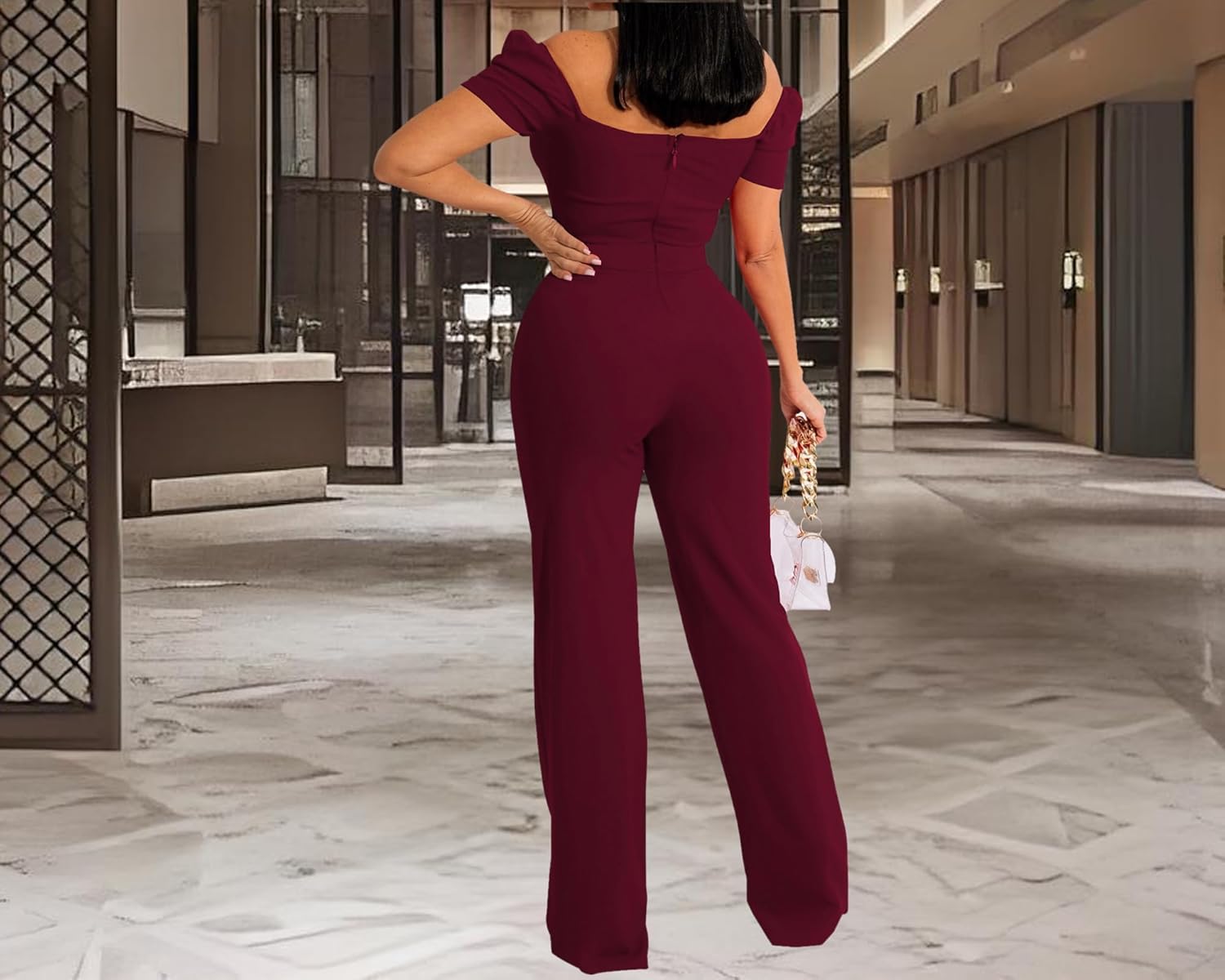 Women's Elegant Sexy Off Shoulder Short Sleeve Wide Leg Pants Long Pant Onesie Clubwear Party Dressy Jumpsuits - Image 5