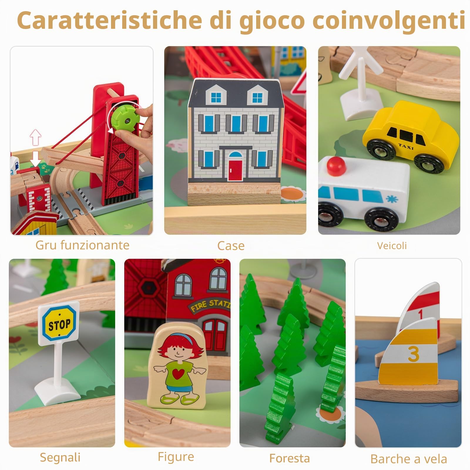 LIFEZEAL Set di ferrovia in legno per bambini, tavolo da gioco con scatola portaoggetti, tavolo da attività multifunzione con veicoli, binari e accessori, tavolo da costruzione per ragazzi e ragazze