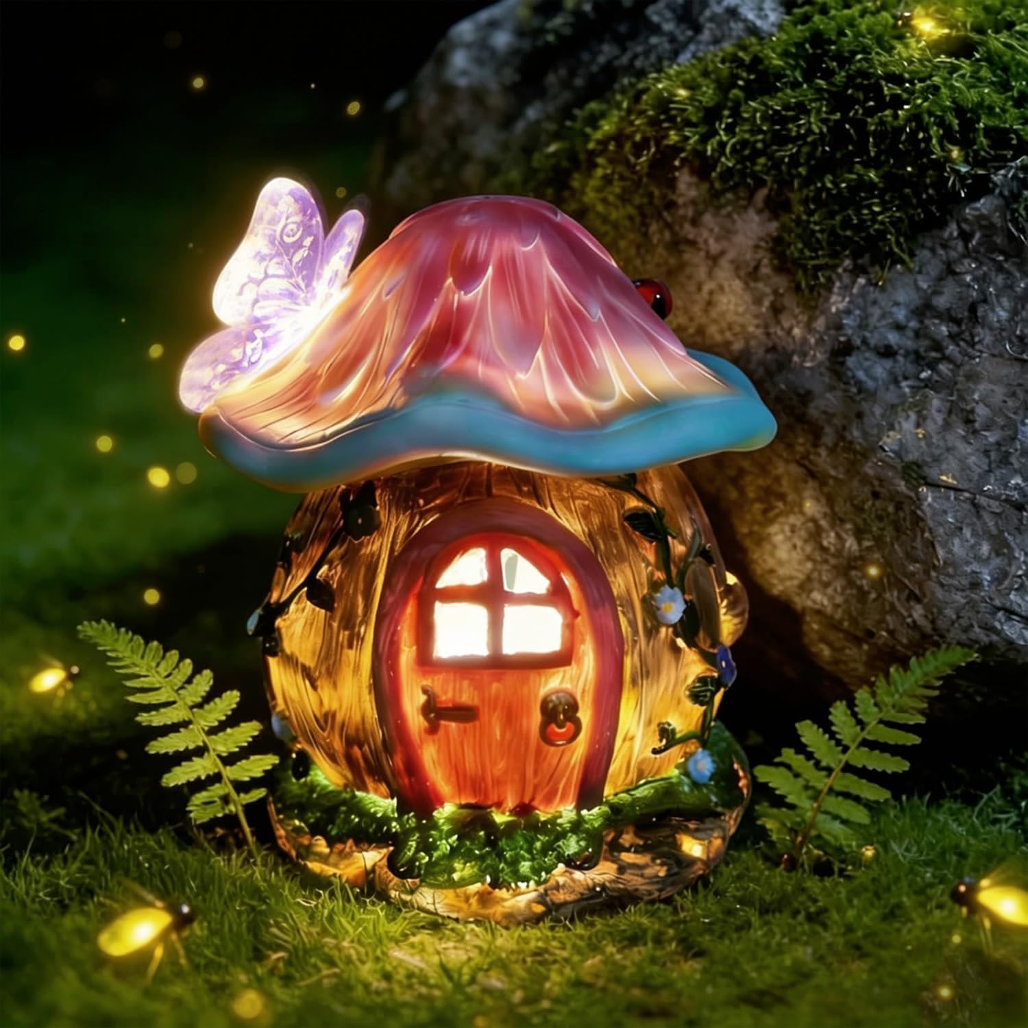 Mushroom Fairy Garden House Statue Outdoor Solar Light Decoration