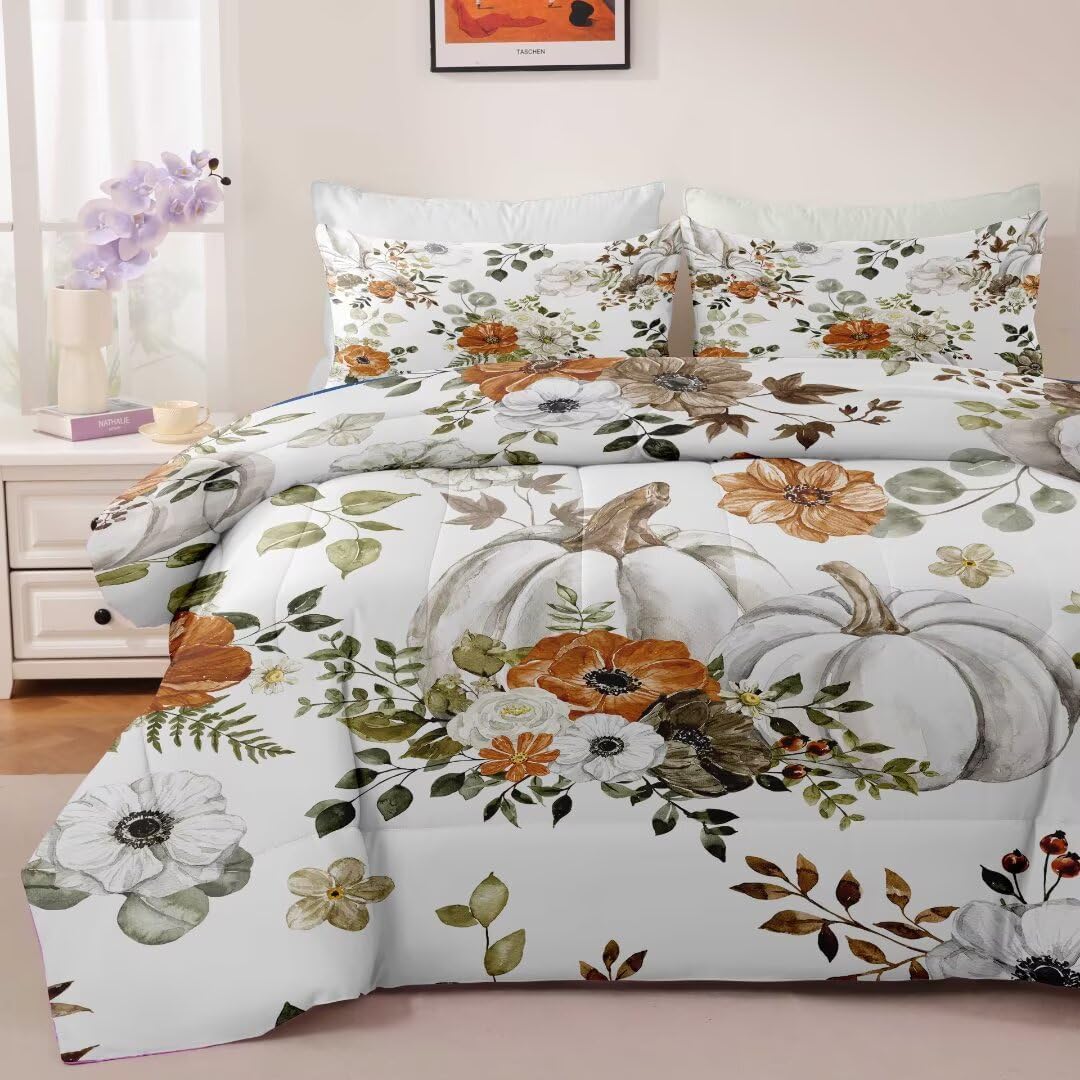 Fall Comforter Set Queen Size(1 Comforter 2 Pillowcases),Fall Pumpkins Bedding Set for Kids Teens Adults,Rustic Floral Quilt All Seasons, Thanksgiving Gift Fall Bed Decor