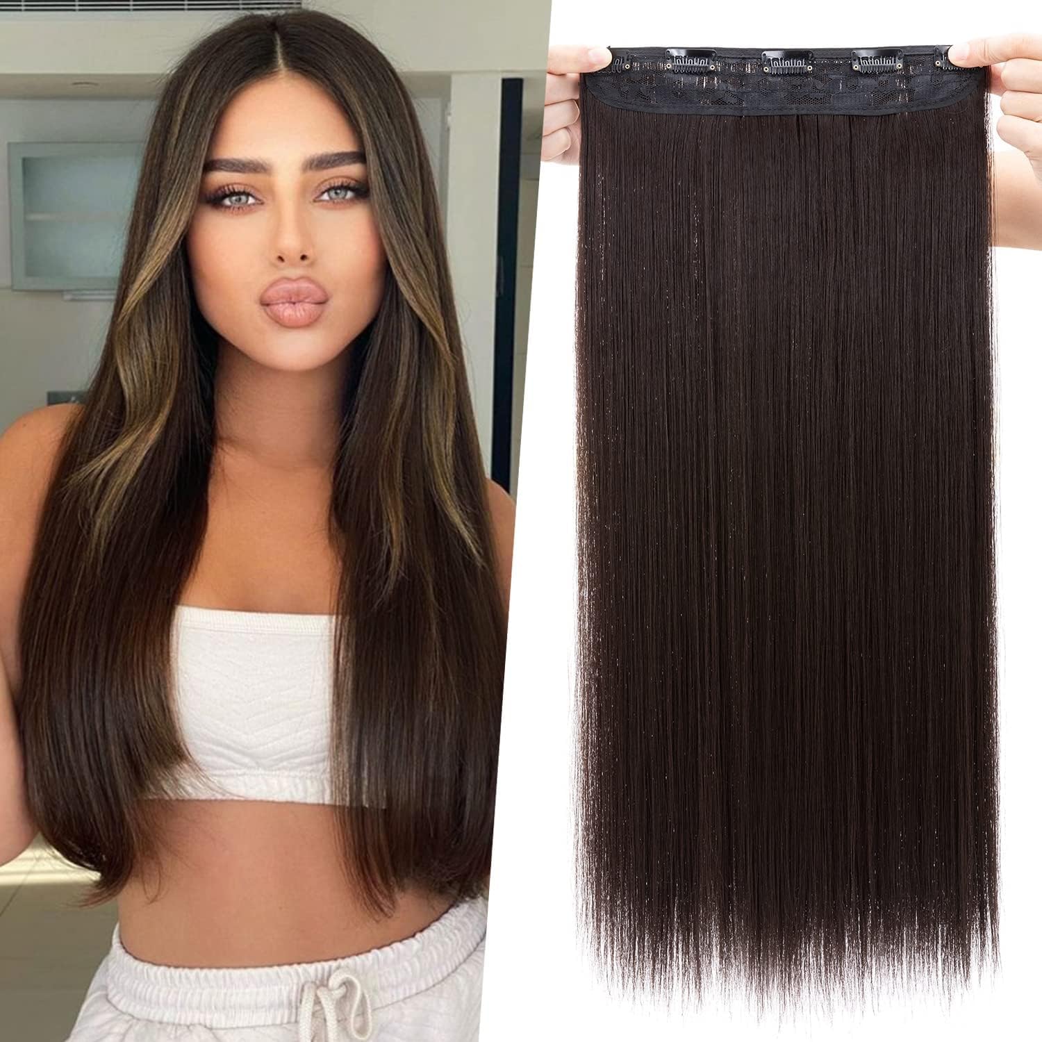 26 inch 3/4 Full Head Clip in Synthetic Hair Extensions for Women, One Piece Clip in Hair Weft with 5 Clips, Easy DIY Washable Half Head Straight Hairpiece for Daily Use-image-5