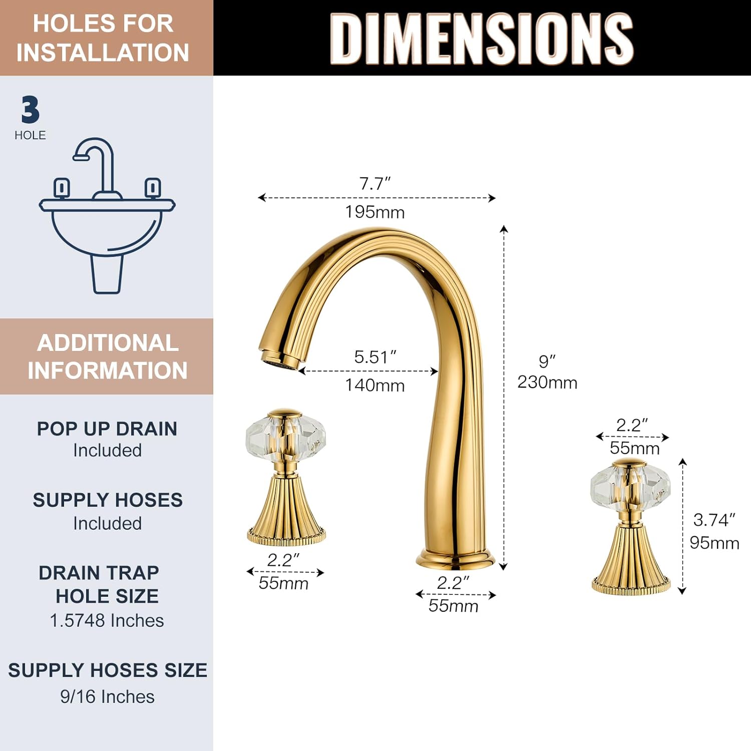Gold Crystal 3 Hole Sink Vanity 8 Inch Brass 2 Handles 2 Tone Widespread Modern Unique Bathroom Faucets Sets, Antique Lavabo Faucet, Vintage Lavatory Vessel Luxury Mixer Tap with Pop up Drain - Image 4