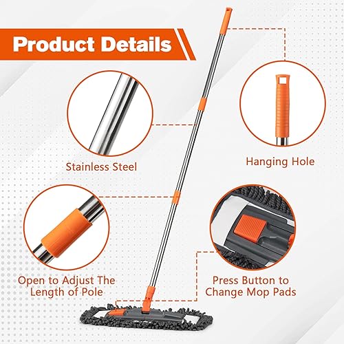 Miniatura 7 de Trapeadores multifunción con 3 almohadillas lavables (chenilla, paño de felpa, microfibra) y mango ajustable de acero inoxidable, trapeador de polvo