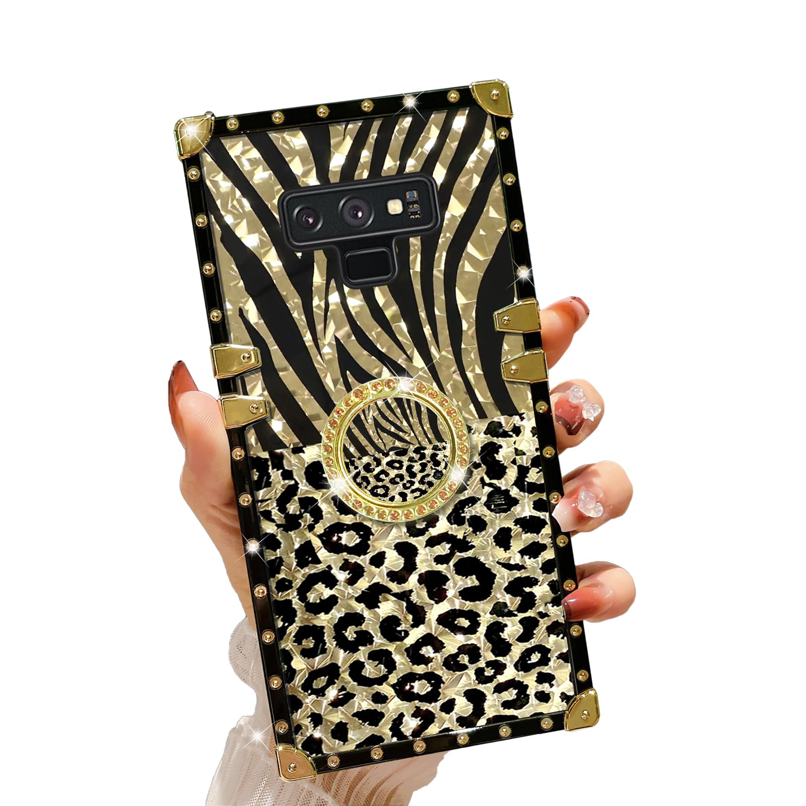 for Samsung Note 9 Phone Case with Ring Stand Retro Elegant Luxury Leopard Cheetah Print Design Gold Full Protective Cover for Girls Women