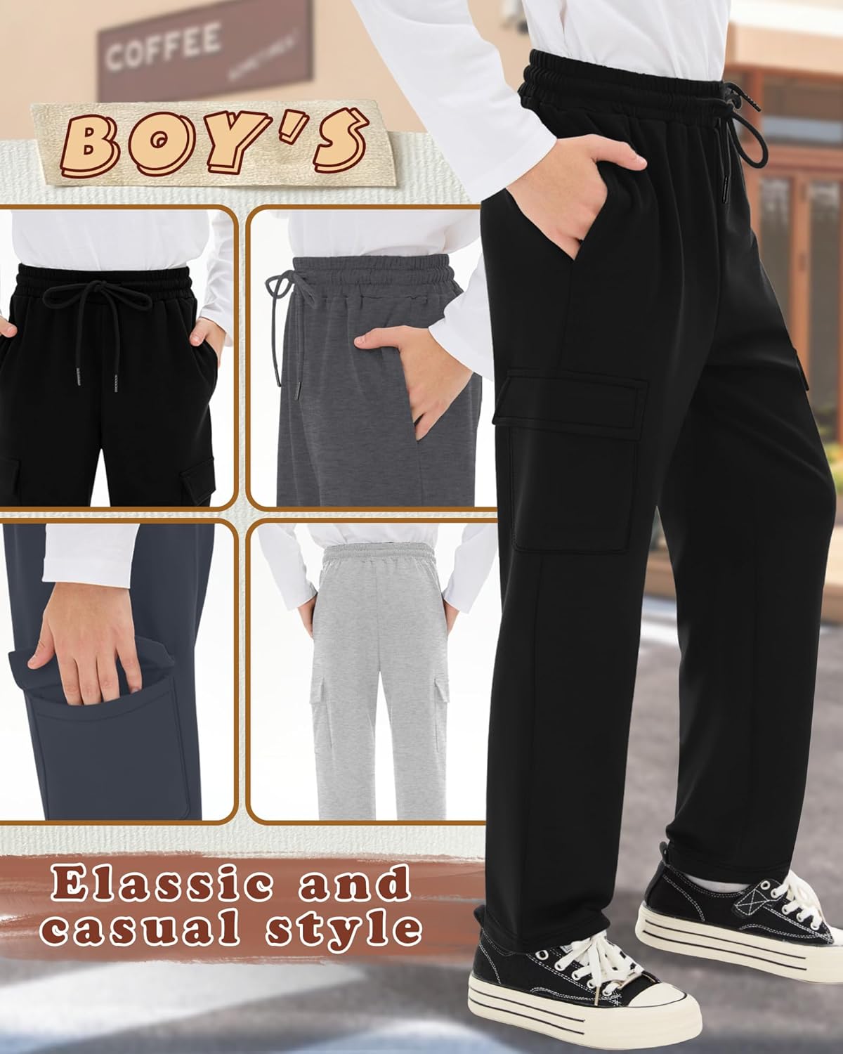 4 Pack Boys' Cargo Sweatpants Elastic Drawstring Open Bottom Active Pants Casual Workout Joggers with 4 Pockets