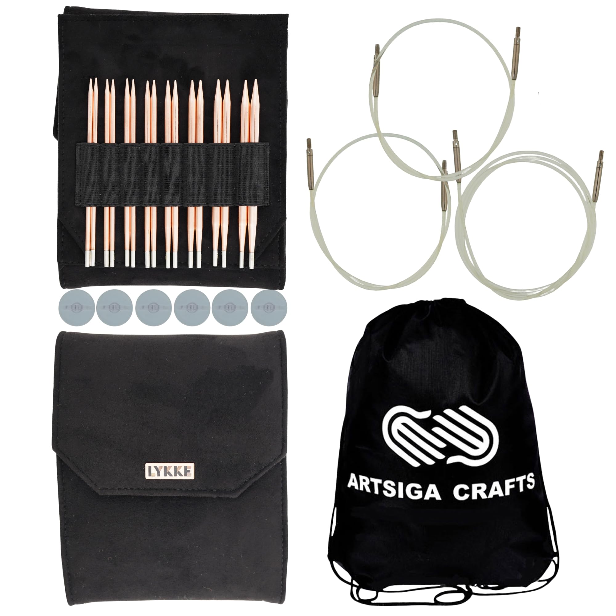 Lykke Cypra 12,7 cm Kern-Set US 3, 3, 4, 5, 6, 7, 8, 9, 10 austauschbare Rundstricknadeln für Baby, DK, Kammgarn, Kupfer, 3 Spinnschnüre, schwarzes Vgn Wildlederetui, Projekttasche