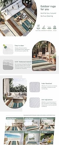 Miniatura 9 de Teal Blue Green Striped Boho Outdoor Area Rug 6'x9',Patio Balcony Porch Front Door Camping Camper RV Deck Runner Rug,Washable Carpet Indoor Living