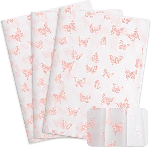 MR FIVE 60 hojas de papel de seda blanco con mariposa rosa metálico a granel, 20 x 14 pulgadas, papel de seda de mariposas rosas para bolsas
