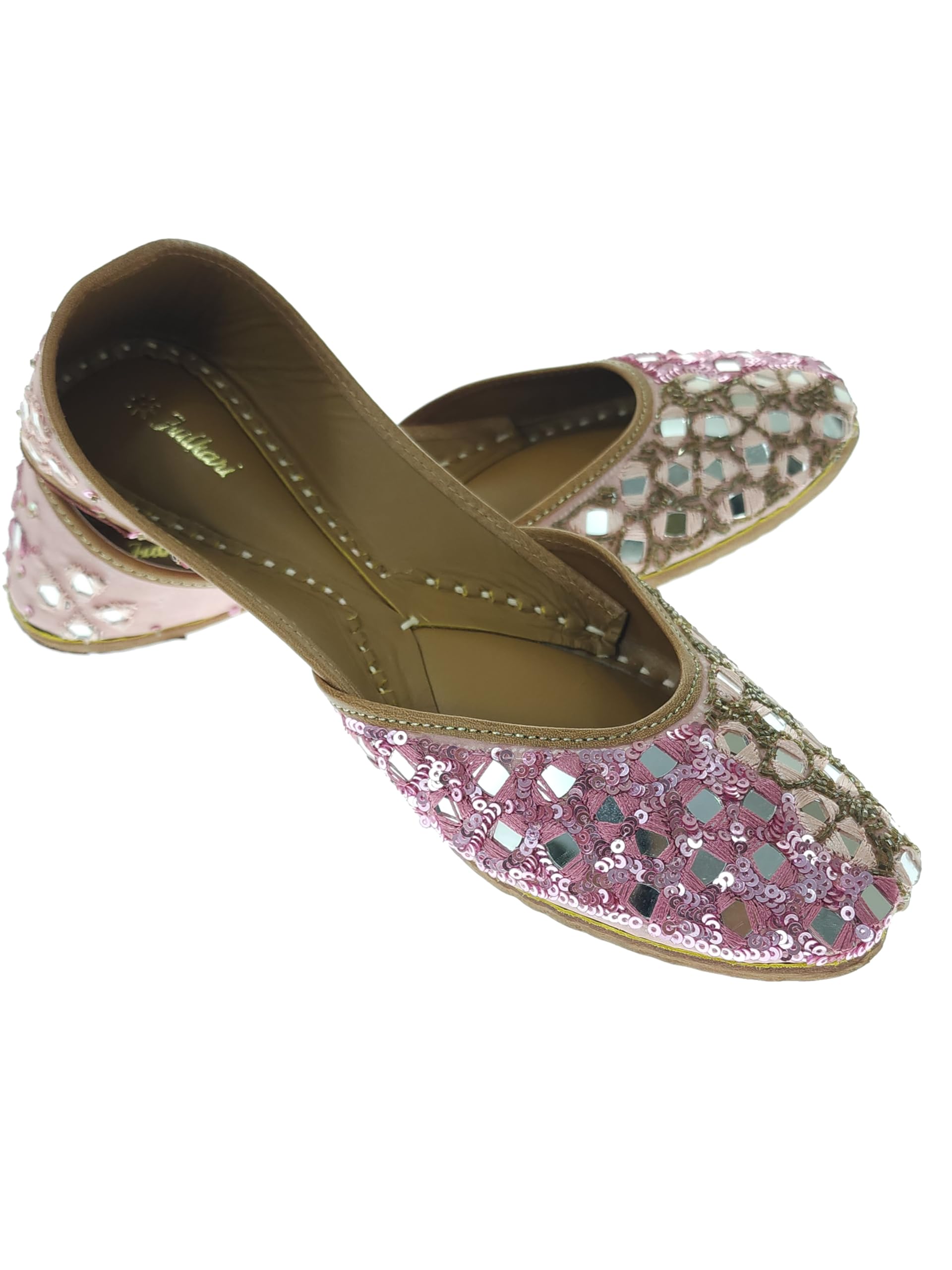 Women Sequin Mirror Pink Genuine Soft Leather Embroidered Jutis | Bite and Pinch Free Jutti | Punjabi Formal Juttis | Girl's Wedding Flat Ladies Mojari | Formal Ethnic Juti |-image-2