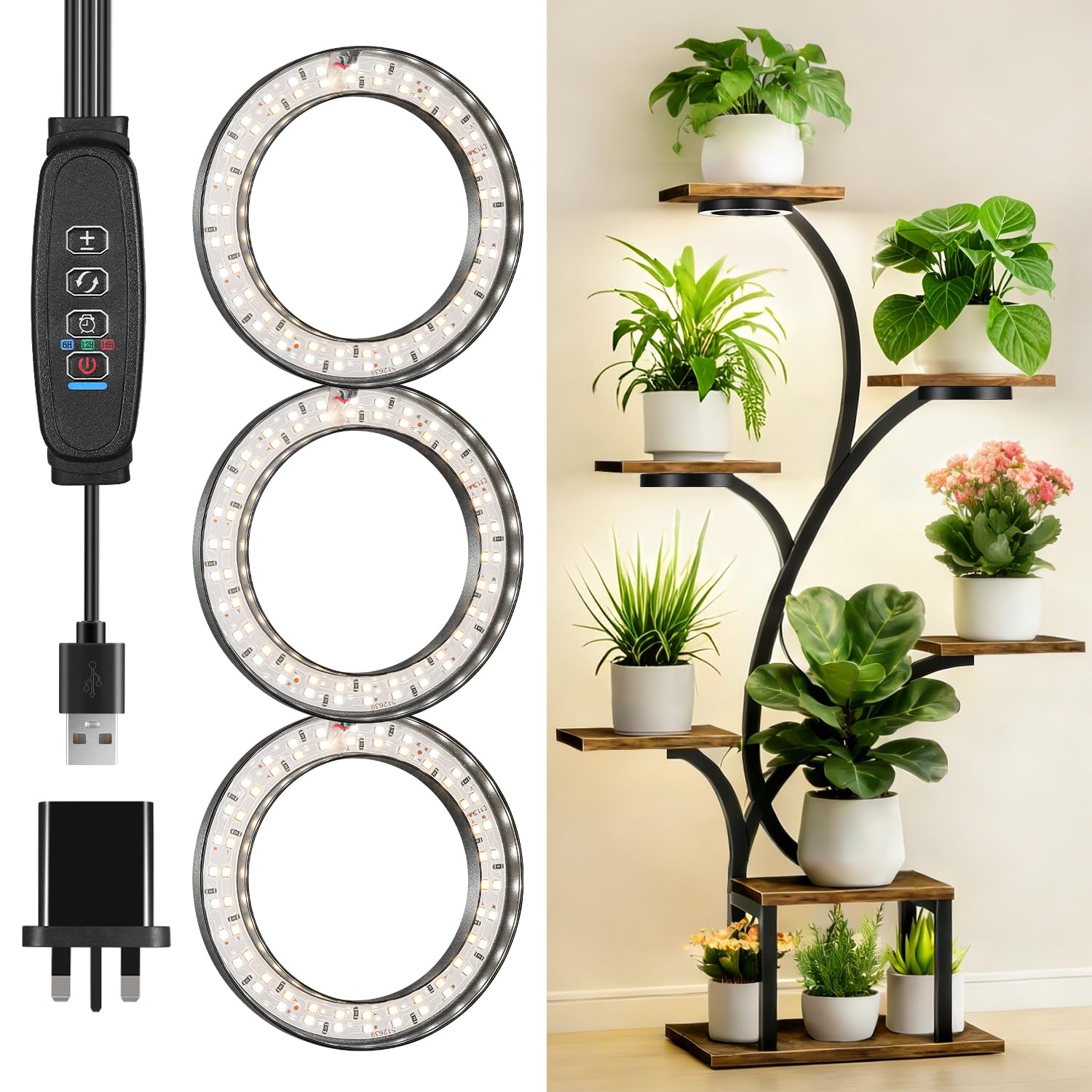 4.72in Black Indoor Plant Grow Lights, Full Spectrum Grow Lamp, 180 LEDs Warm White 3 Head Black Metal Angel Ring for Ceiling Cabinets & Shelf, 6/12/16H Timer, 3 Modes, 10 Levels