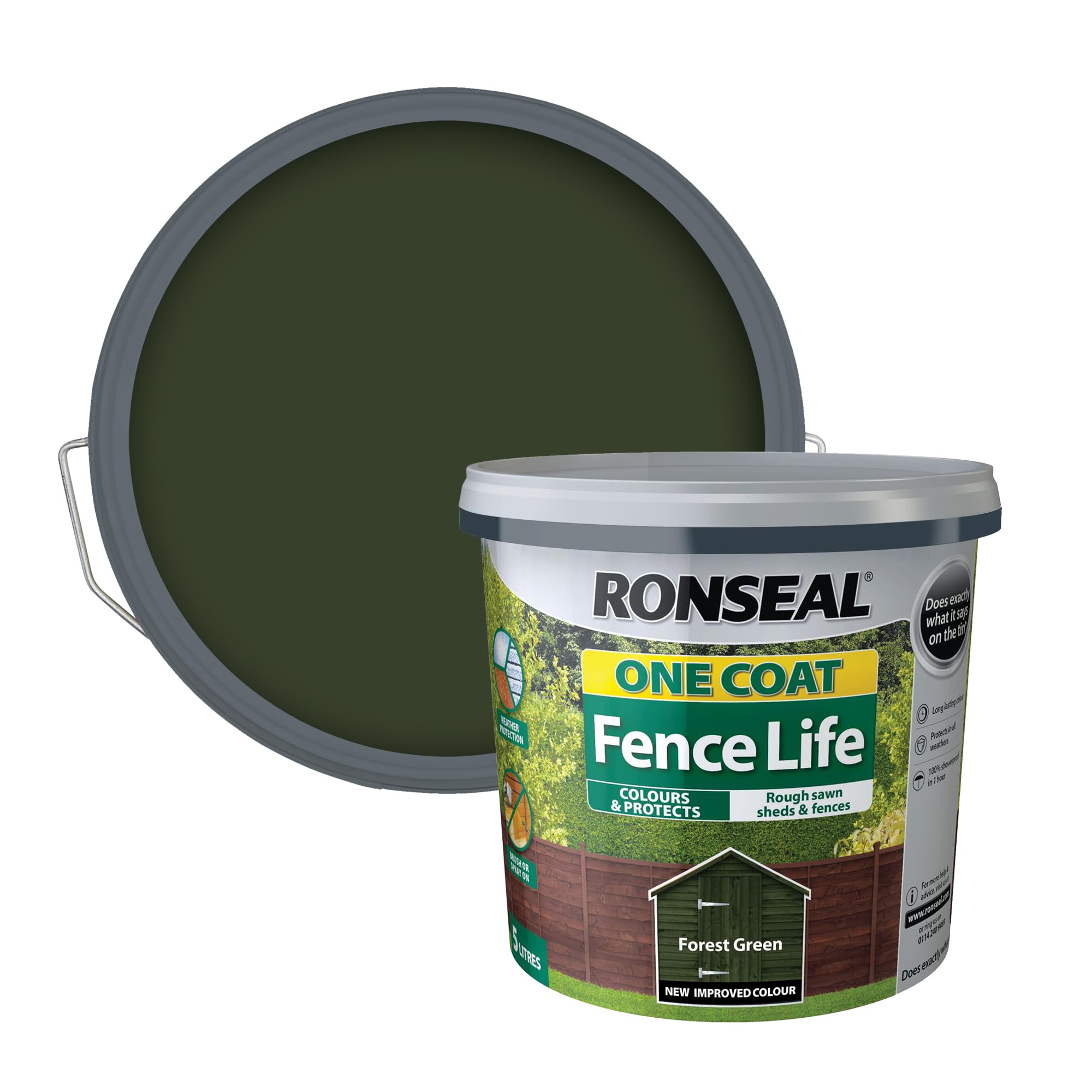Ronseal One Coat Fence Life Forest Green 5 Litre - Quick-Dry Water-Based Fence & Shed Treatment (Rslocflfg5l)
