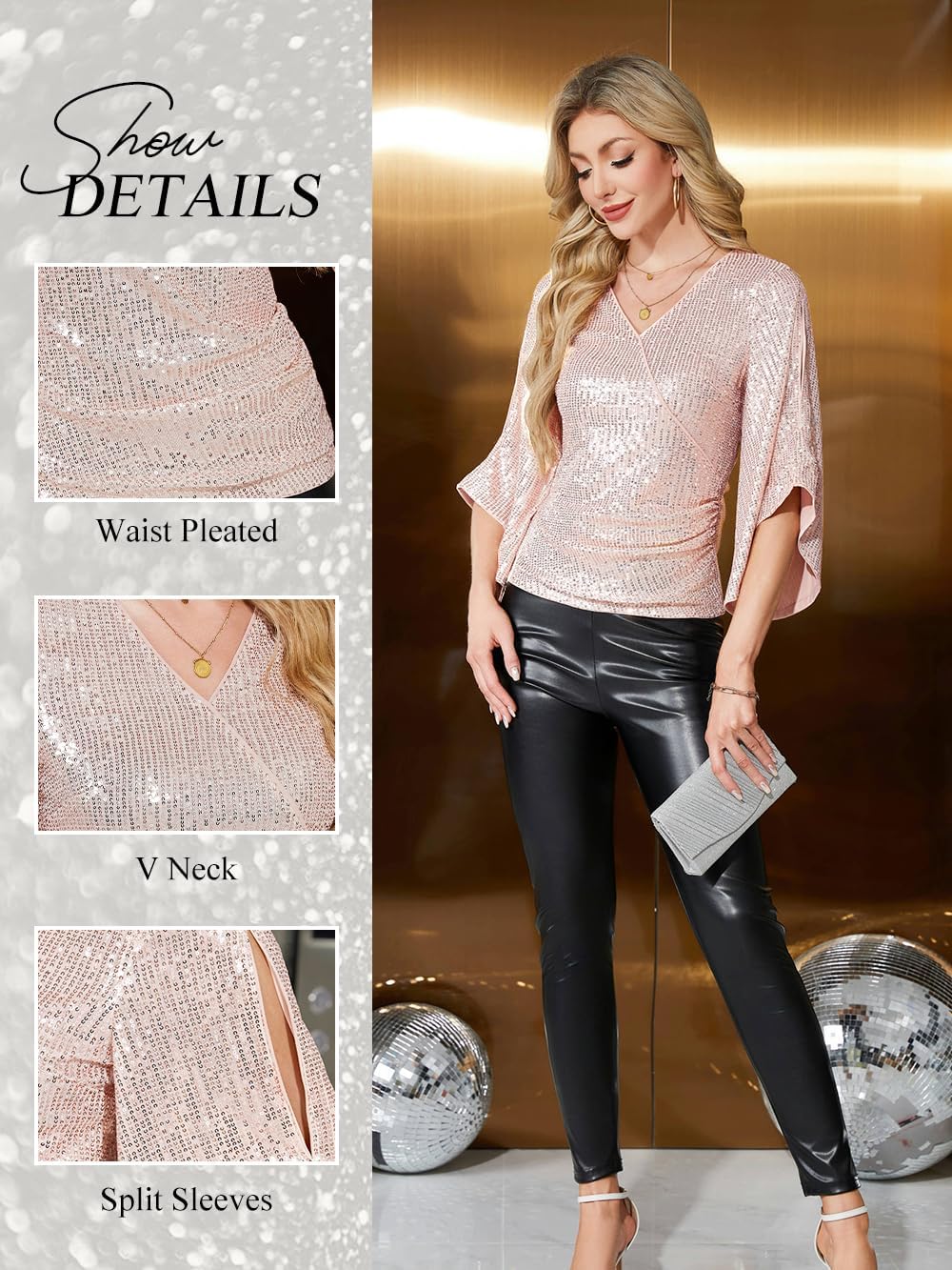 Women‘s Sequin Tops 3/4 Sleeve Glitter Sparkle V Neck Dressy Wrap Blouse Cocktail Evening Party Club Concert Shirt - Image 5
