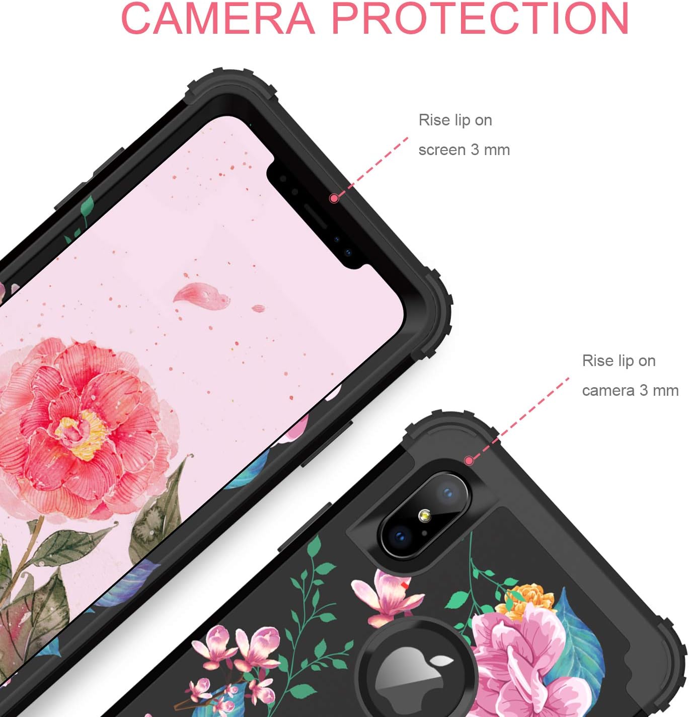 BENTOBEN iPhone Xs Max Case, Full Body Heavy Duty Shockproof Drop Protection 3 in 1 Hybrid Hard PC Soft Silicone Anti-Slip Protective Phone Cover for Apple iPhone Xs Max 6.5 2018, Black Flower