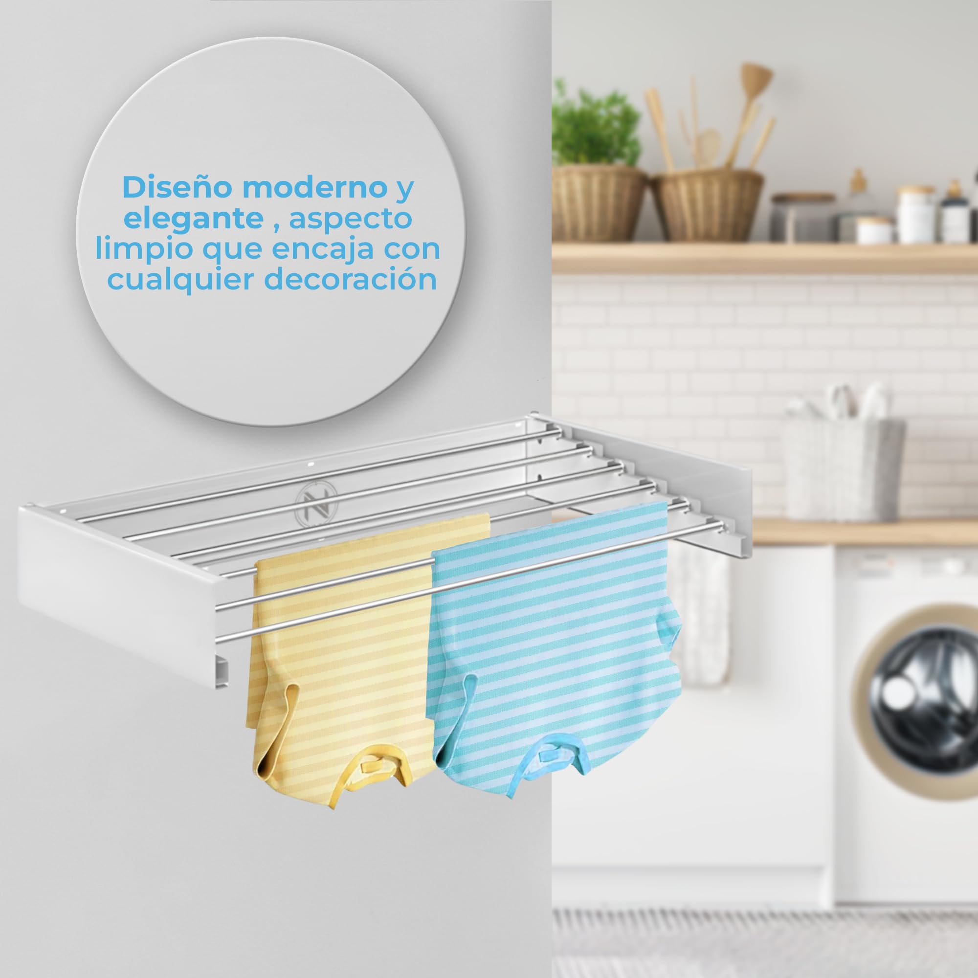 N 18.28 - Étendoir extensible mural rétractable - Étendoir pliable mural pour intérieur ou extérieur - Économie d'espace - Compact - 35 kg de capacité - 6 tiges - 100 cm (blanc)