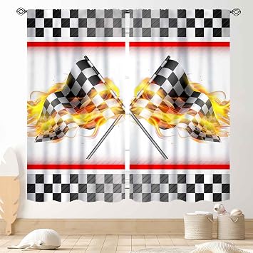 Racing Car Curtains for Boys Room, Race Flag Game Theme Checkered Firing White and Black Flag Window Drapes Treatments for Kids Boys Baby Bedroom Living Room Nursery Playroom 2 Panels, 52"x84" Inch