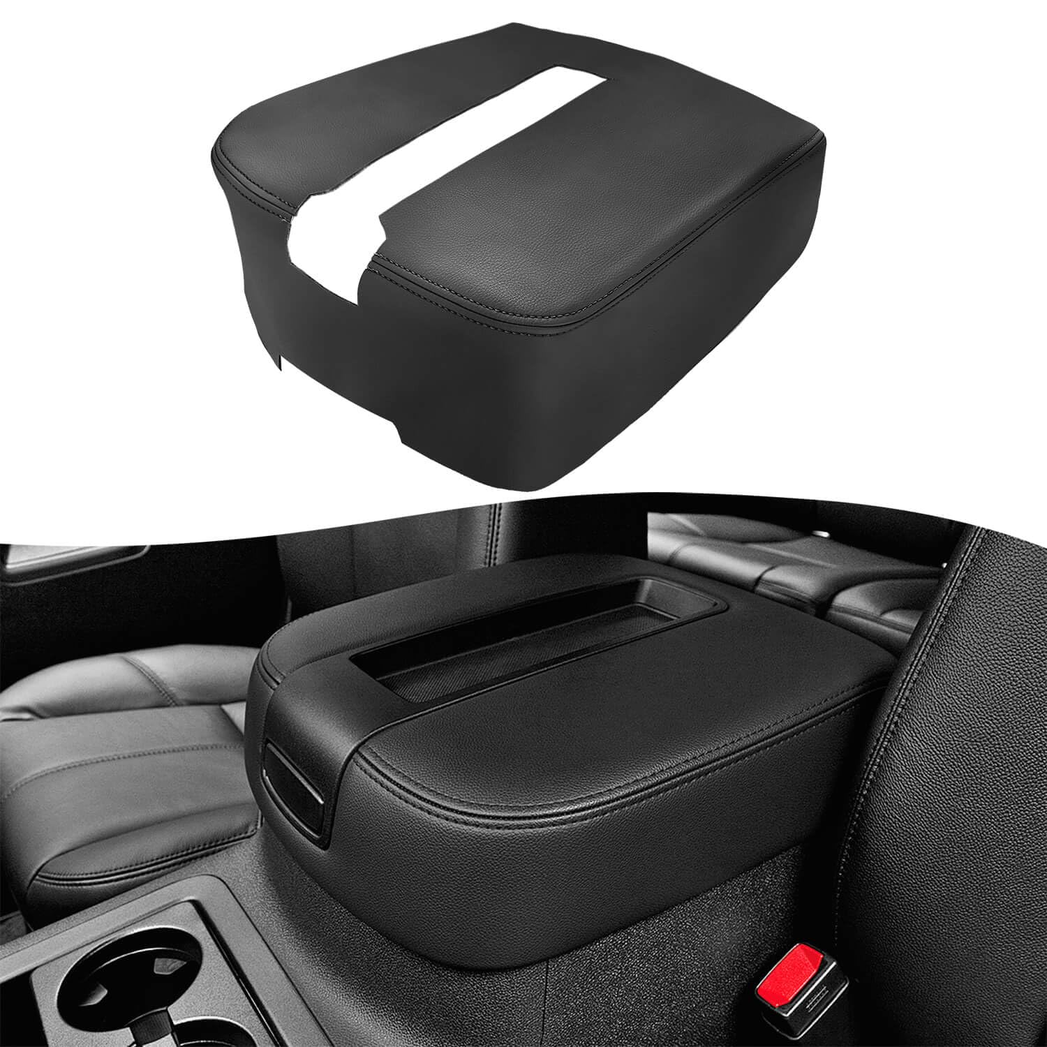 KBH Center Console Armrest Cover Upholstery for 2007-2014 Chevy Silverado & Tahoe & Suburban & Avalanche, GMC Sierra & Yukon, Bucket Seat, Vinyl Leather, Anti-Scratch, Black