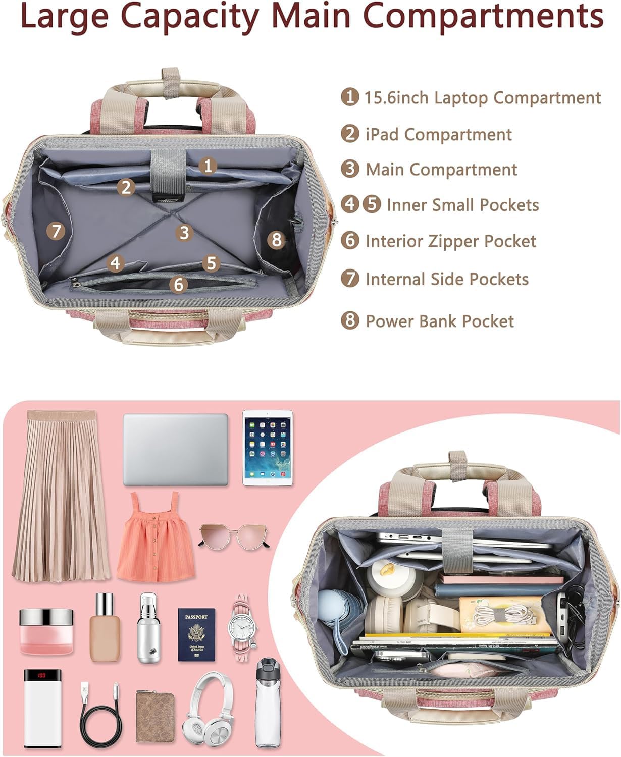 FALANKO Backpack for Women,Wide Open Work Large Student Bookbag for 15.6 Inch Laptop,Doctor Teacher Nurse College School Travel Bag,Water Resistant Laptop Bookbag Computer Back Pack Pink