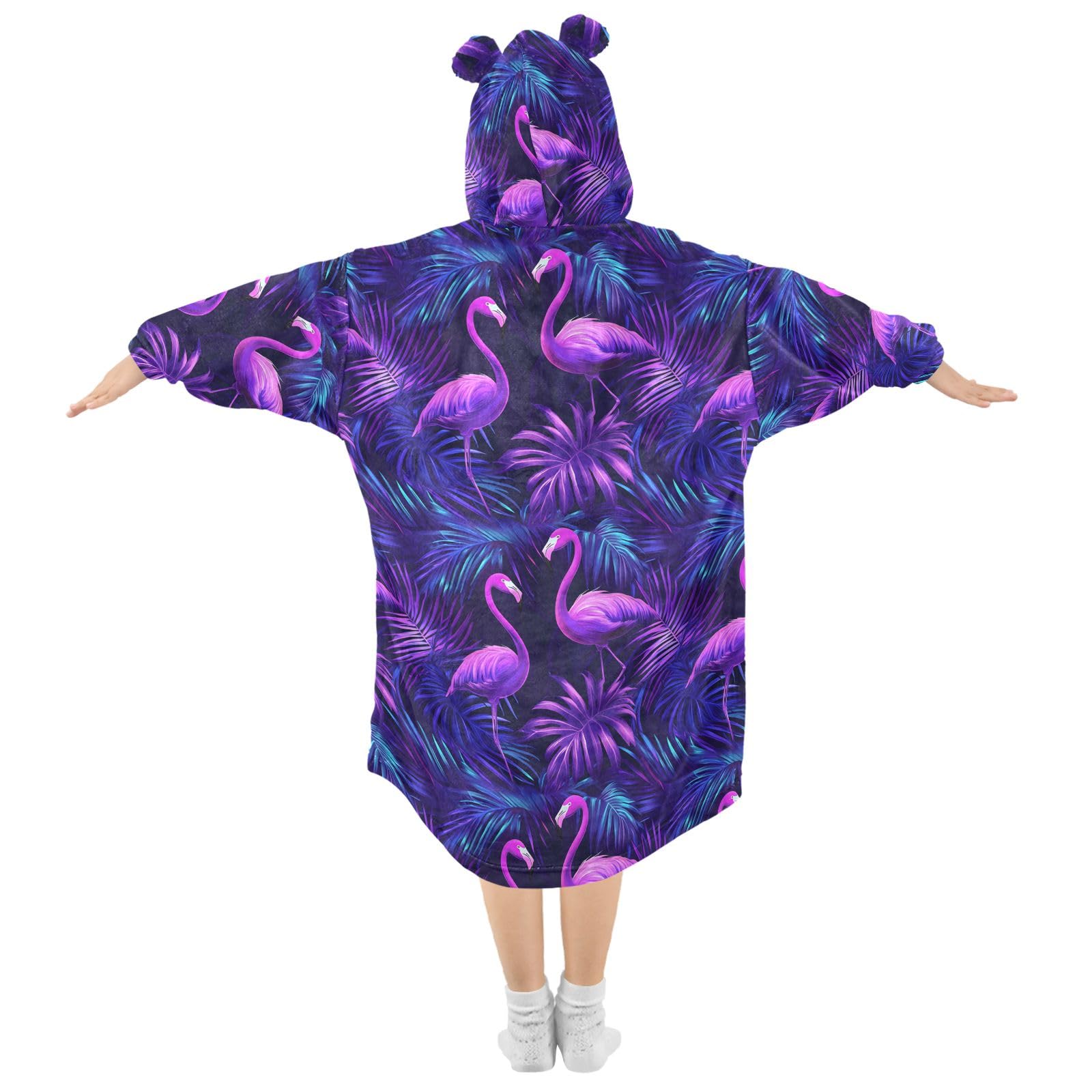 Flamingo-Bademantel für Kinder, tragbar, mit Kapuze, weicher Flanell-Bademantel mit Ohren und Taschen, warme Nachtwäsche für Kleinkinder, Jungen, Mädchen
