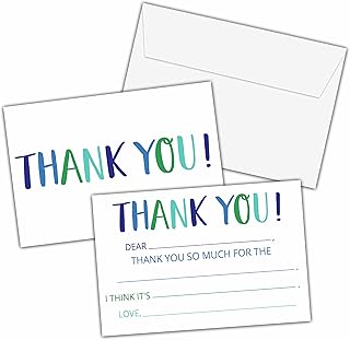 Minimal Thank You Cards, Colorful Fill In The Blank Thank You Card, Thank You Notes for Boys Girls, Birthday Party/Gender Reveal Party/Baby Shower Favors (20 Set of Cards with Envelopes) - B17