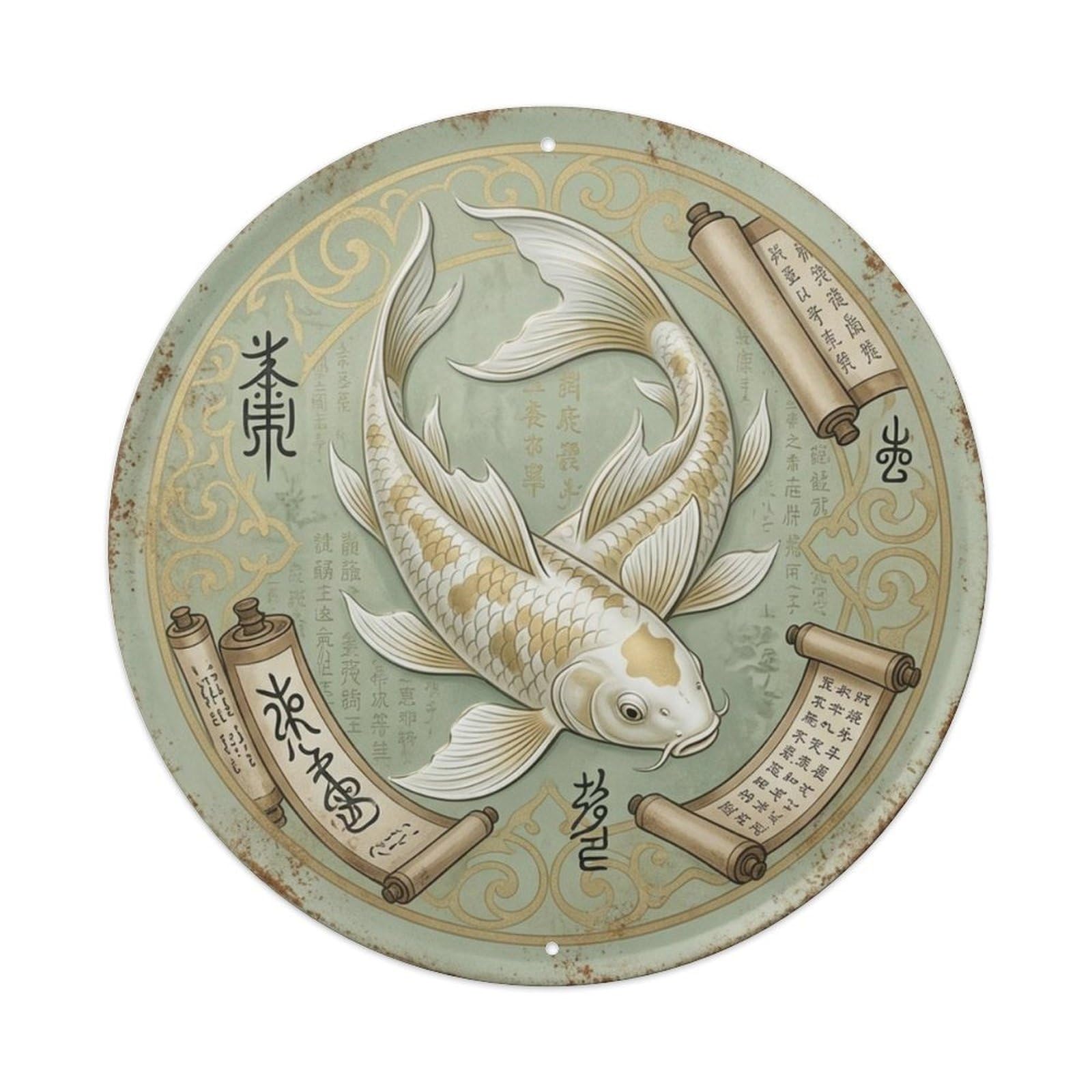 Fqcyn Style Koi Fish Sage Wisdom Garden Livingroom Metal Tin Sign Plaque Wall Decor For Cafe, Club Bar, Office, Home Garden Round Metal Poster 8X8inch